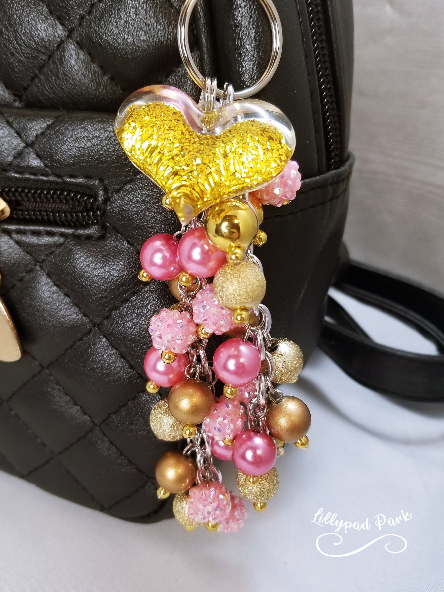 Gold Heart Pink Champagne Purse Charm