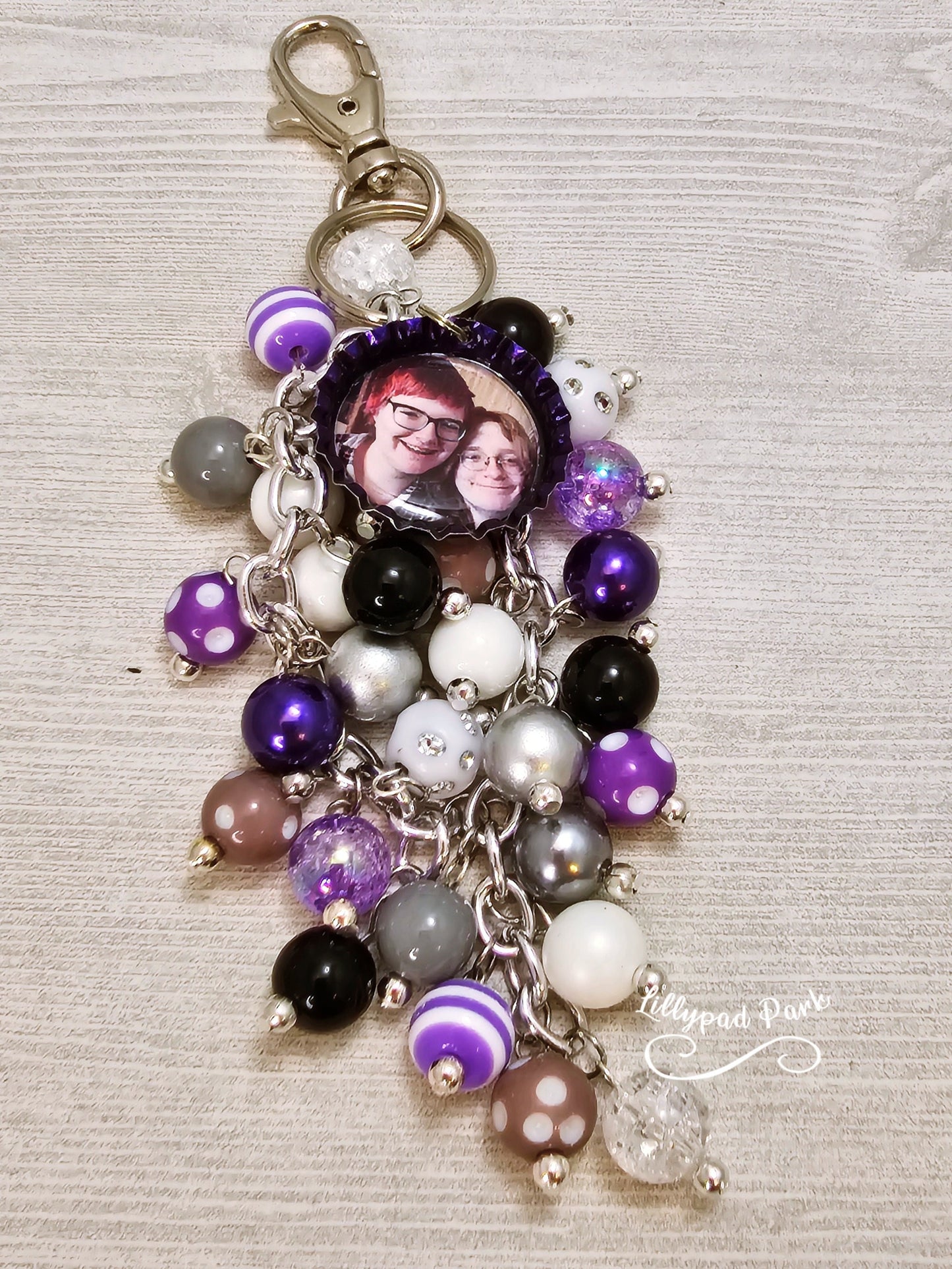 Picture Mothers day gift, Purple, Gray, Black and White Purse Charm