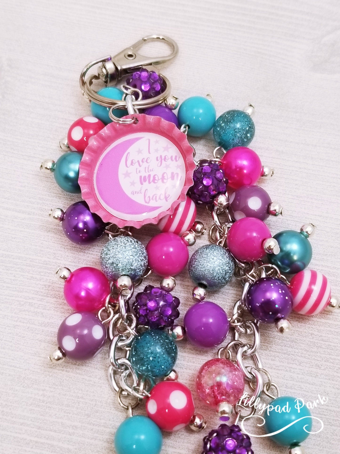 Purse Charm, Bag charm, dangle keychain, Beaded purse accessory, Love you to the moon and back, Key chains, Handmade