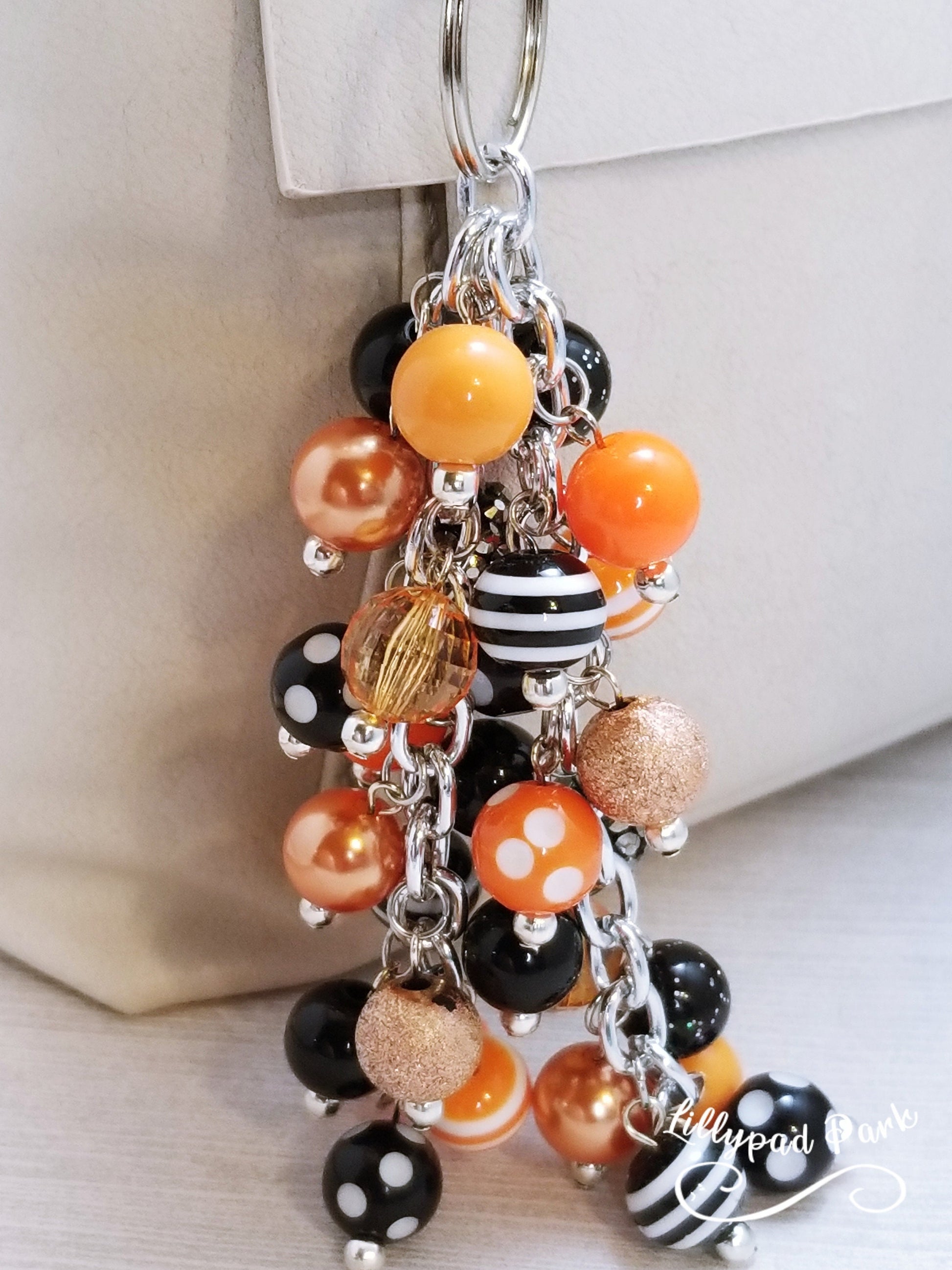 Orange and Black Purse charm, Bag Charm, Purse accessory, Beaded accessory, Halloween Bling