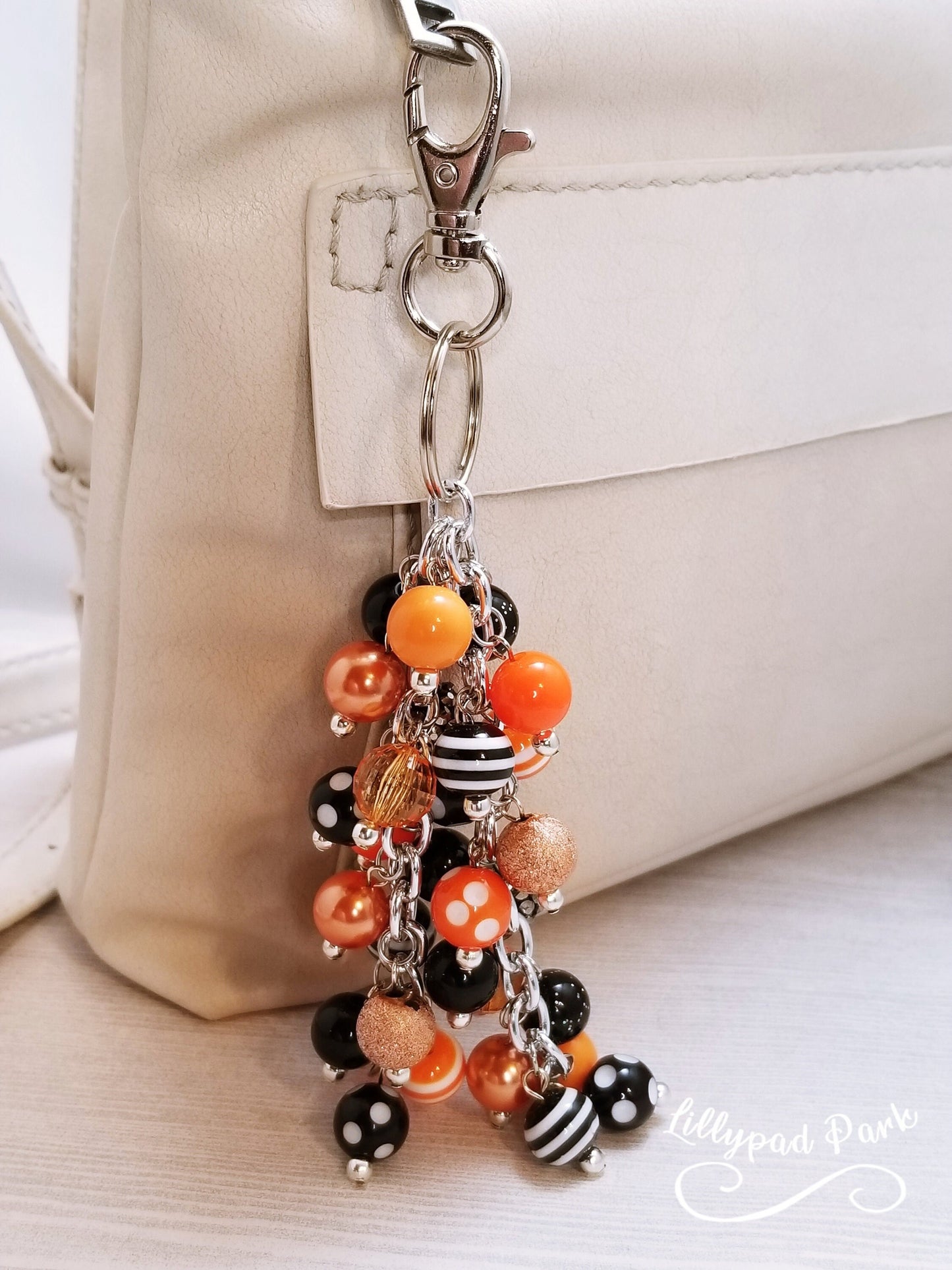 Orange and Black Purse charm, Bag Charm, Purse accessory, Beaded accessory, Halloween Bling