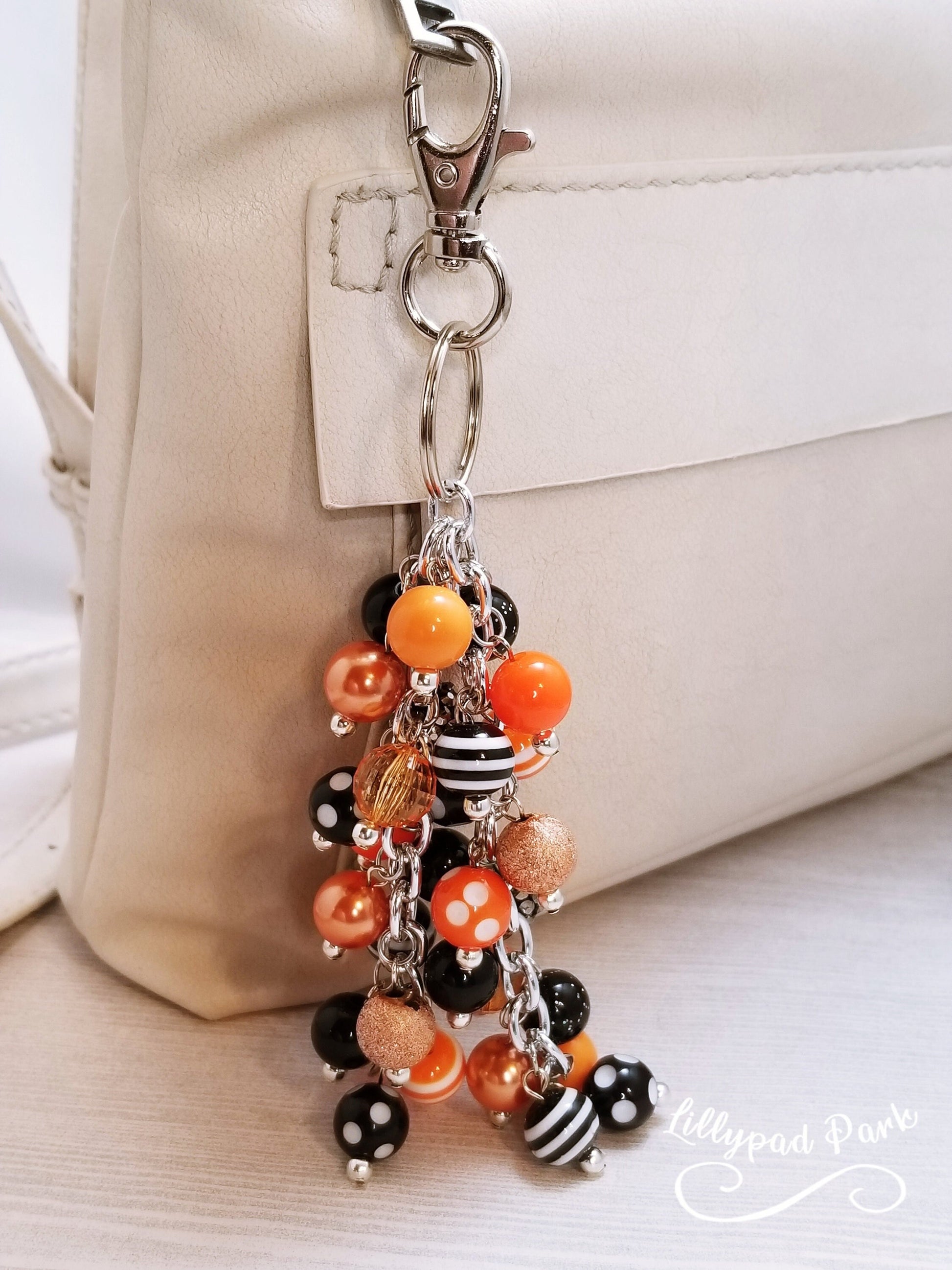 Orange and Black Purse charm, Bag Charm, Purse accessory, Beaded accessory, Halloween Bling