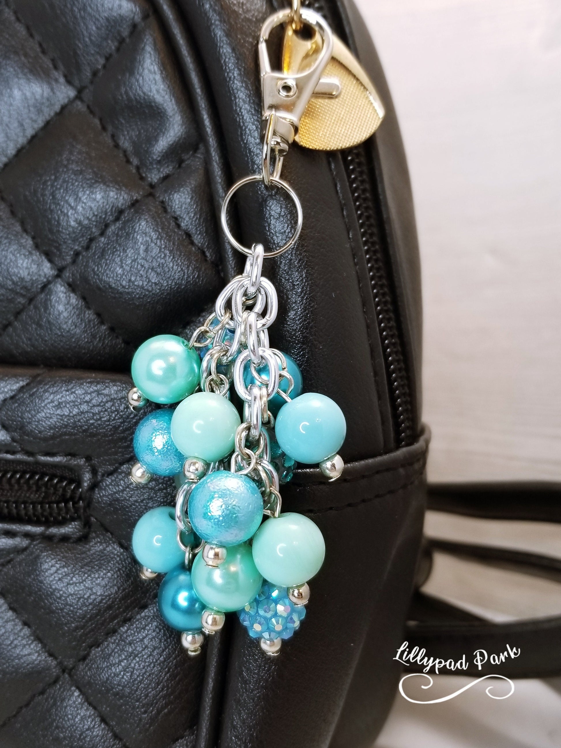 Teal and Aqua Purse charm, Back Pack Charm, Bag Charm, Purse accessory, Beaded accessory