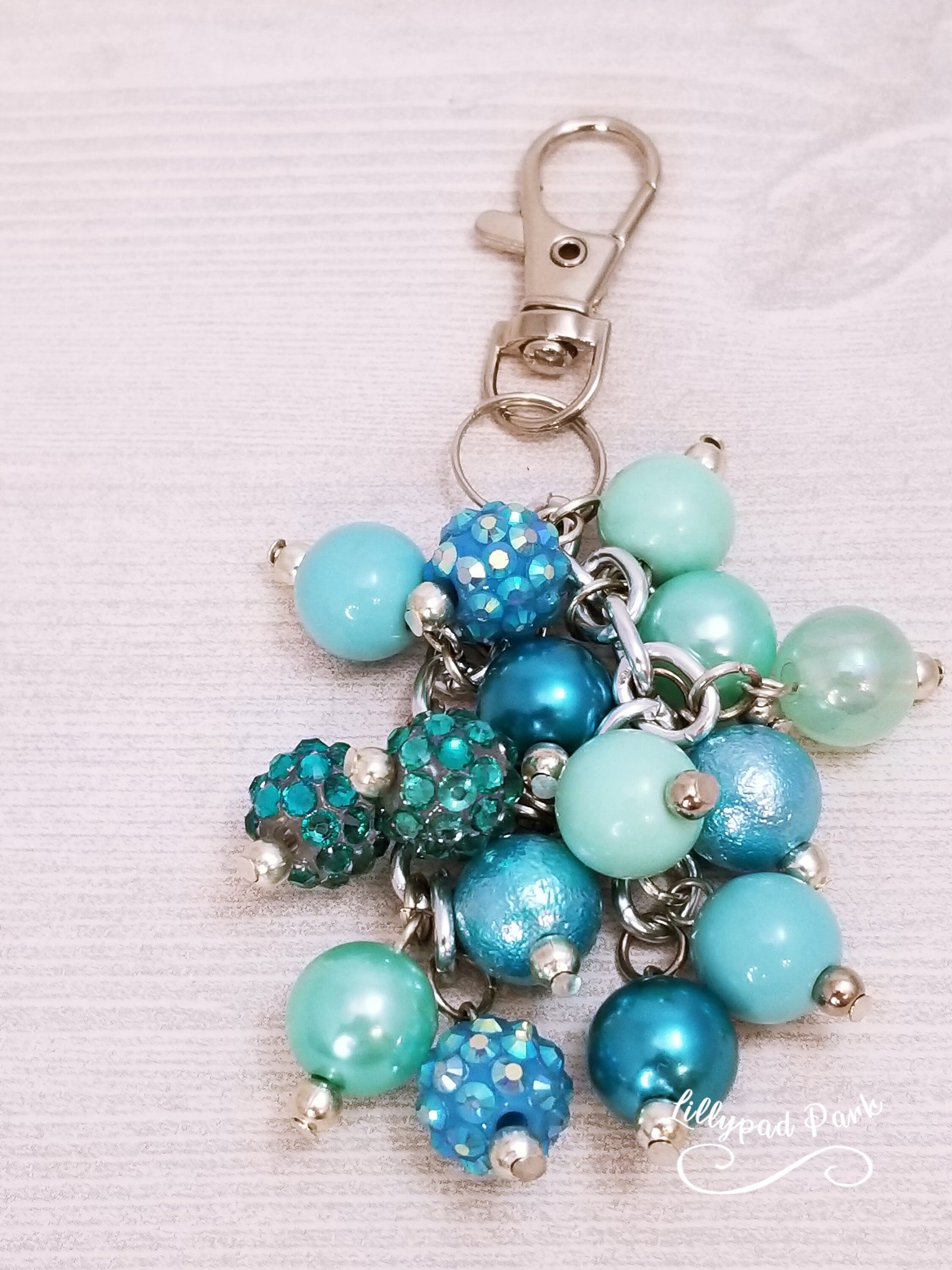 Teal and Aqua Purse charm, Back Pack Charm, Bag Charm, Purse accessory, Beaded accessory