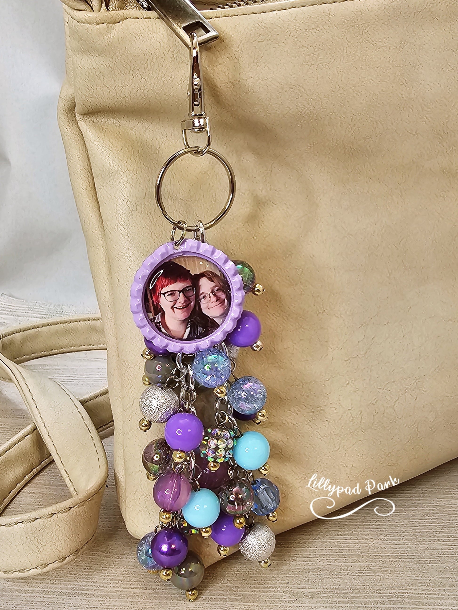 Picture Mothers day gift, Silver, Gray Blue and Purple, Purse Charm
