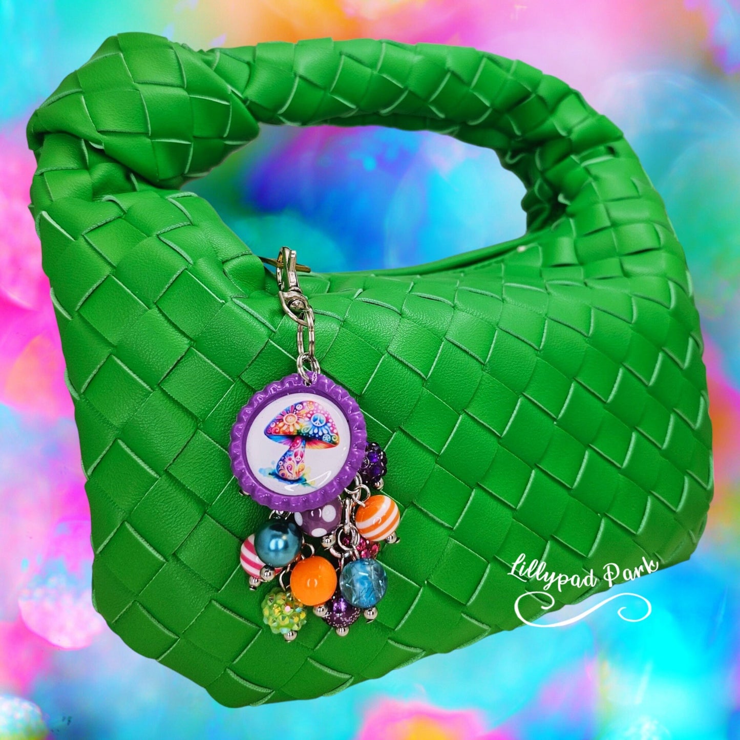 Mushroom Purse Charm, Boho Hippy Rainbow Bling, Backpack Bag Accessory, Peace Love Beaded Charm Gift Zipper Pull