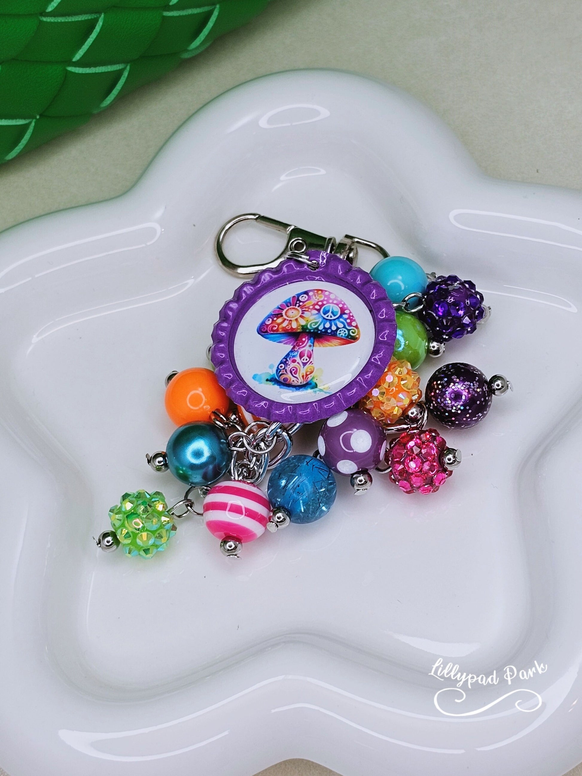 Mushroom Purse Charm, Boho Hippy Rainbow Bling, Backpack Bag Accessory, Peace Love Beaded Charm Gift Zipper Pull