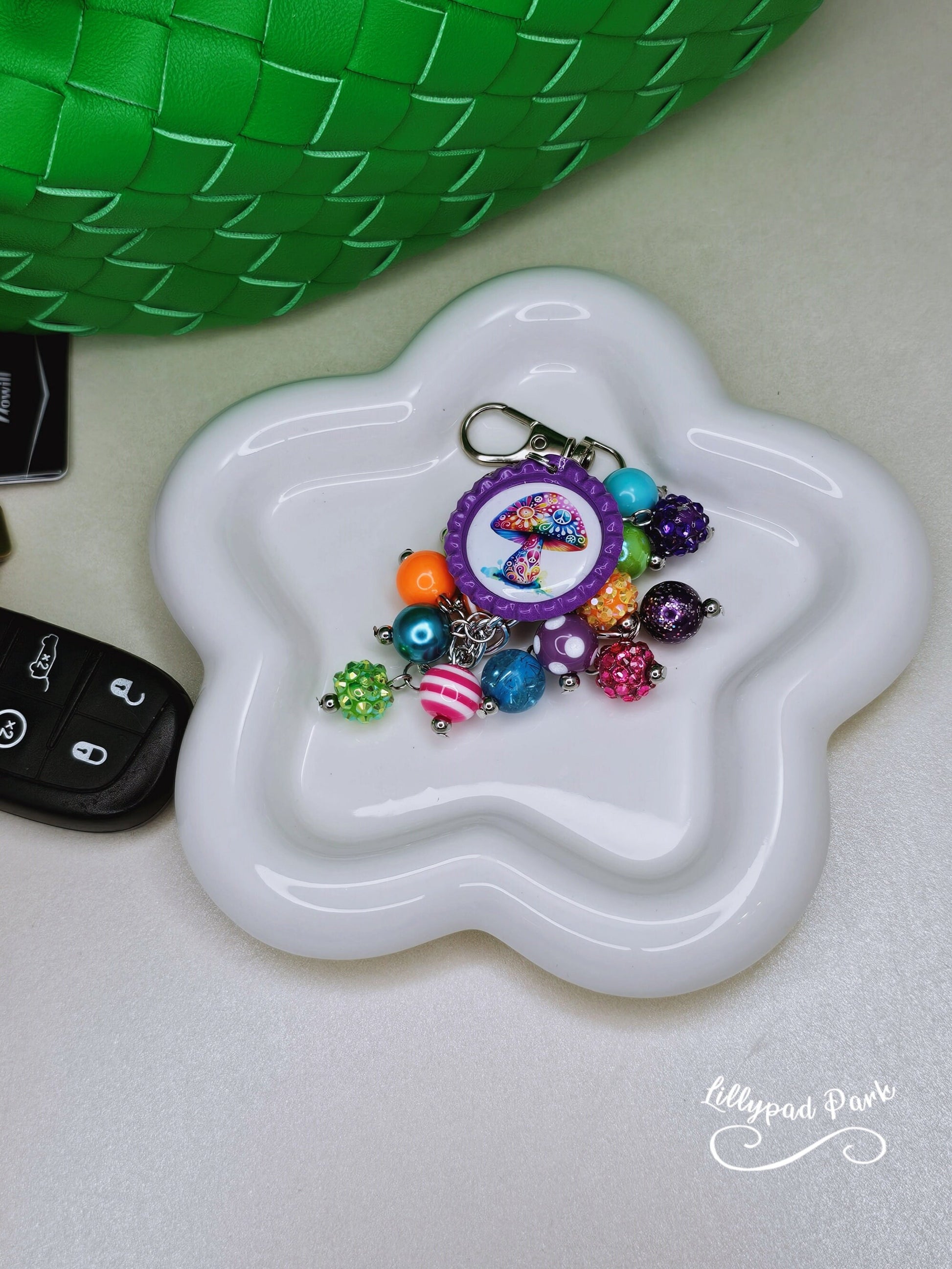 Mushroom Purse Charm, Boho Hippy Rainbow Bling, Backpack Bag Accessory, Peace Love Beaded Charm Gift Zipper Pull