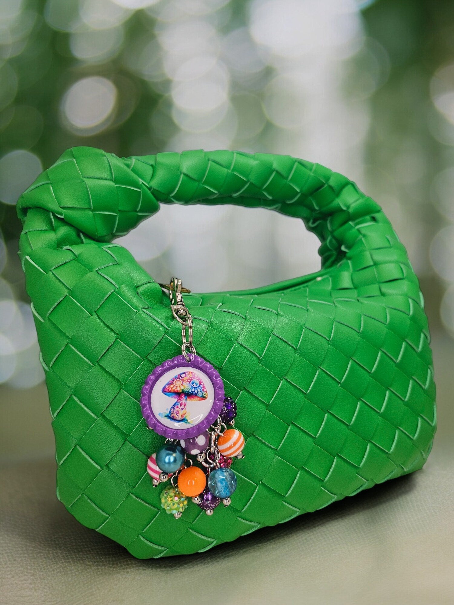 Mushroom Purse Charm, Boho Hippy Rainbow Bling, Backpack Bag Accessory, Peace Love Beaded Charm Gift Zipper Pull