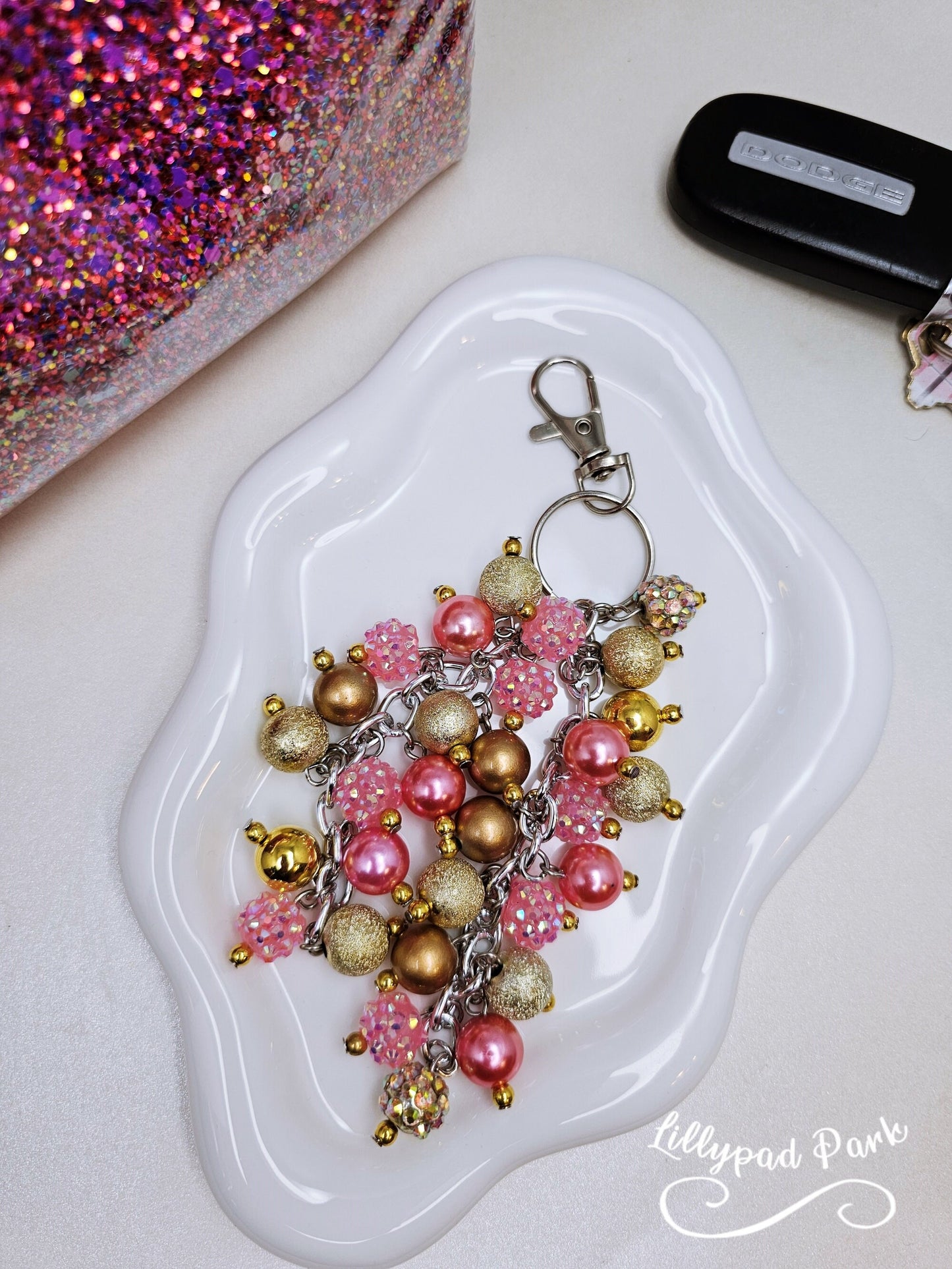 Pink and Gold Purse charm, Bag Charm, Purse accessory, Beaded accessory, beaded blush keychain, Valentines Day Gift for her