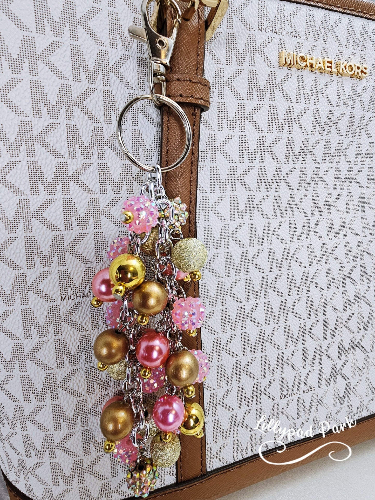 Pink and Gold Purse charm, Bag Charm, Purse accessory, Beaded accessory, beaded blush keychain, Valentines Day Gift for her