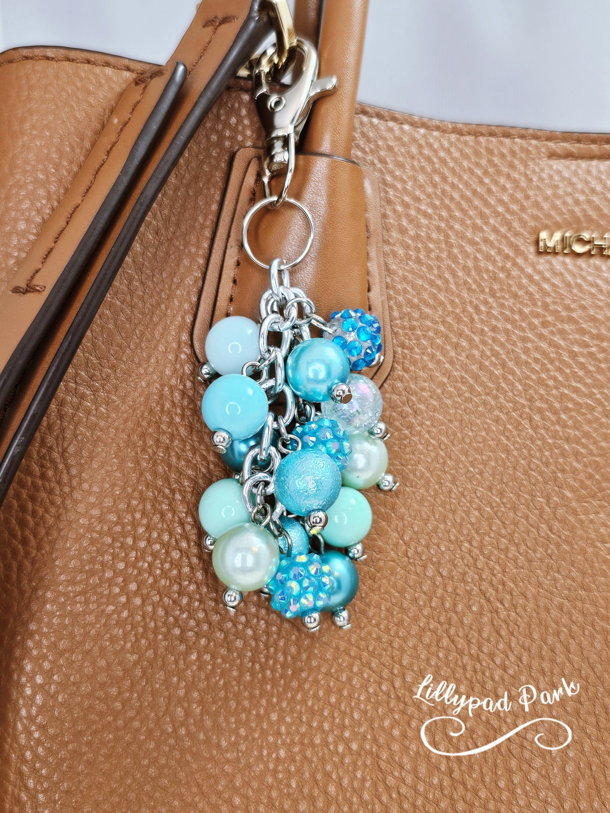 Teal and Aqua Purse charm, Back Pack Charm, Bag Charm, Purse accessory, Beaded accessory