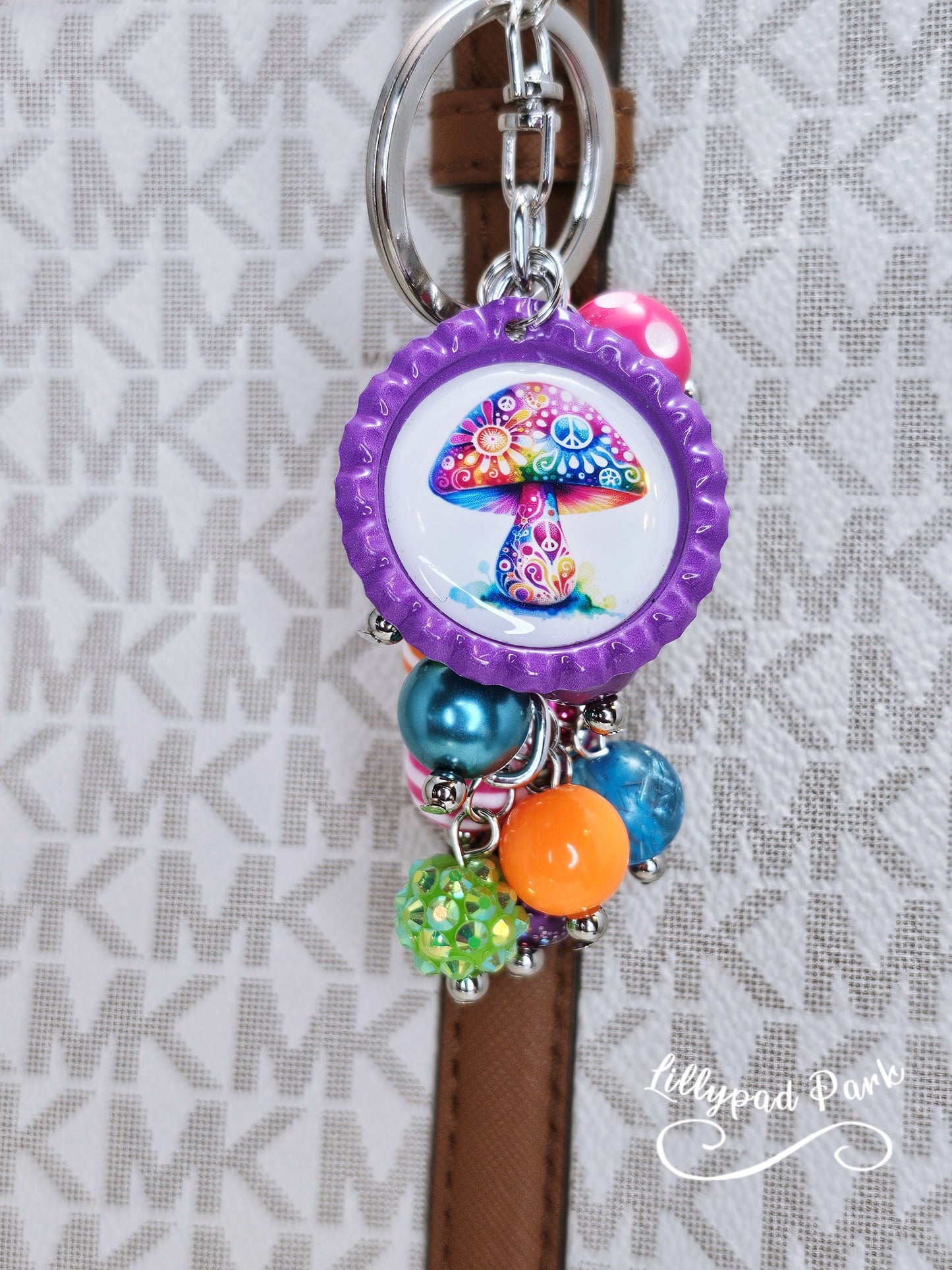 Mushroom Purse Charm, Boho Hippy Rainbow Bling, Backpack Bag Accessory, Peace Love Beaded Charm Gift Zipper Pull