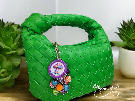 Mushroom Purse Charm, Boho Hippy Rainbow Bling, Backpack Bag Accessory, Peace Love Beaded Charm Gift Zipper Pull