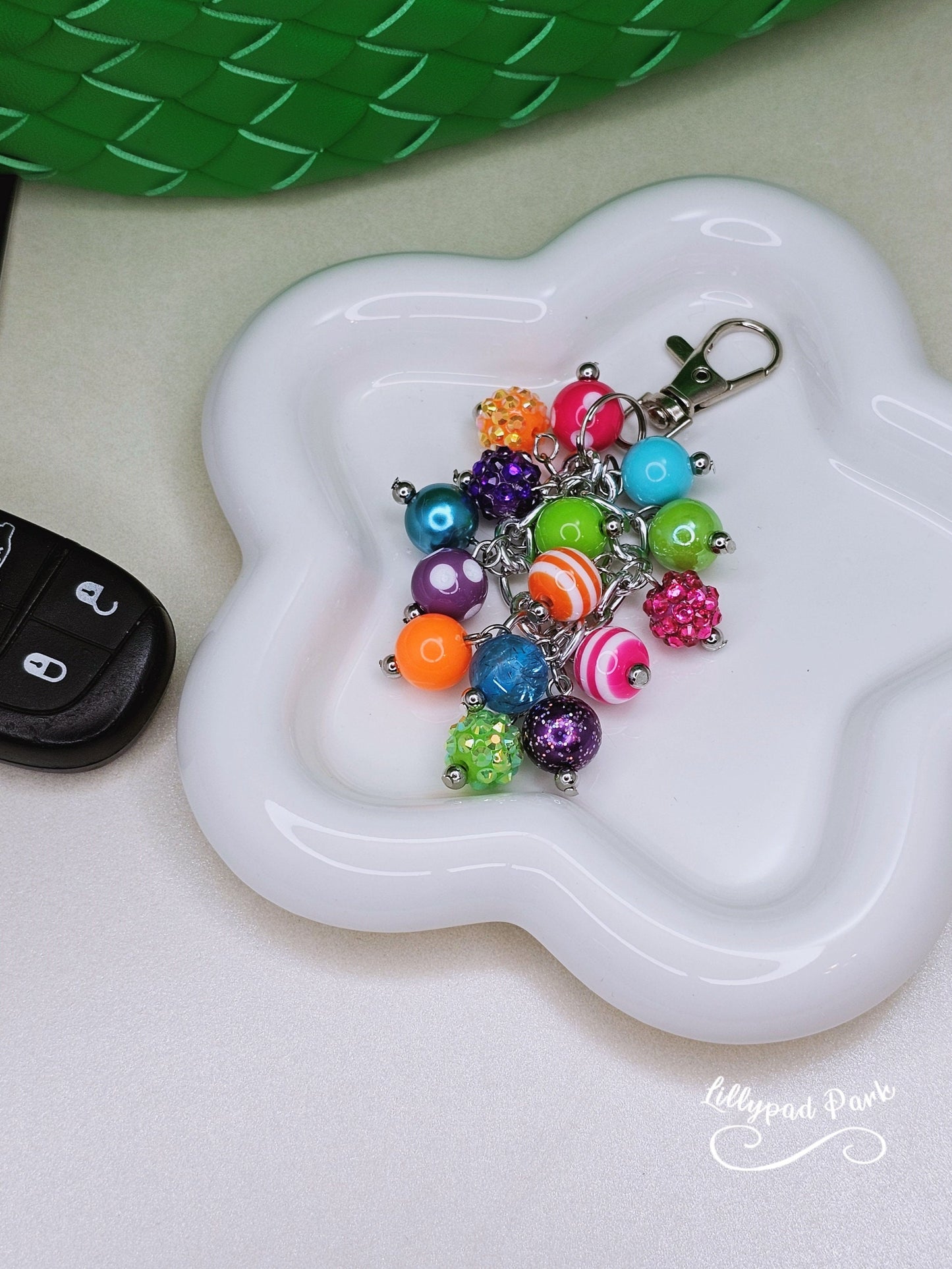 Purple Pink Green Orange Blue Keychain Purse Charm, Boho Hippy Rainbow Bling, Backpack Bag Accessory, Love Beaded Charm Gift Zipper Pull