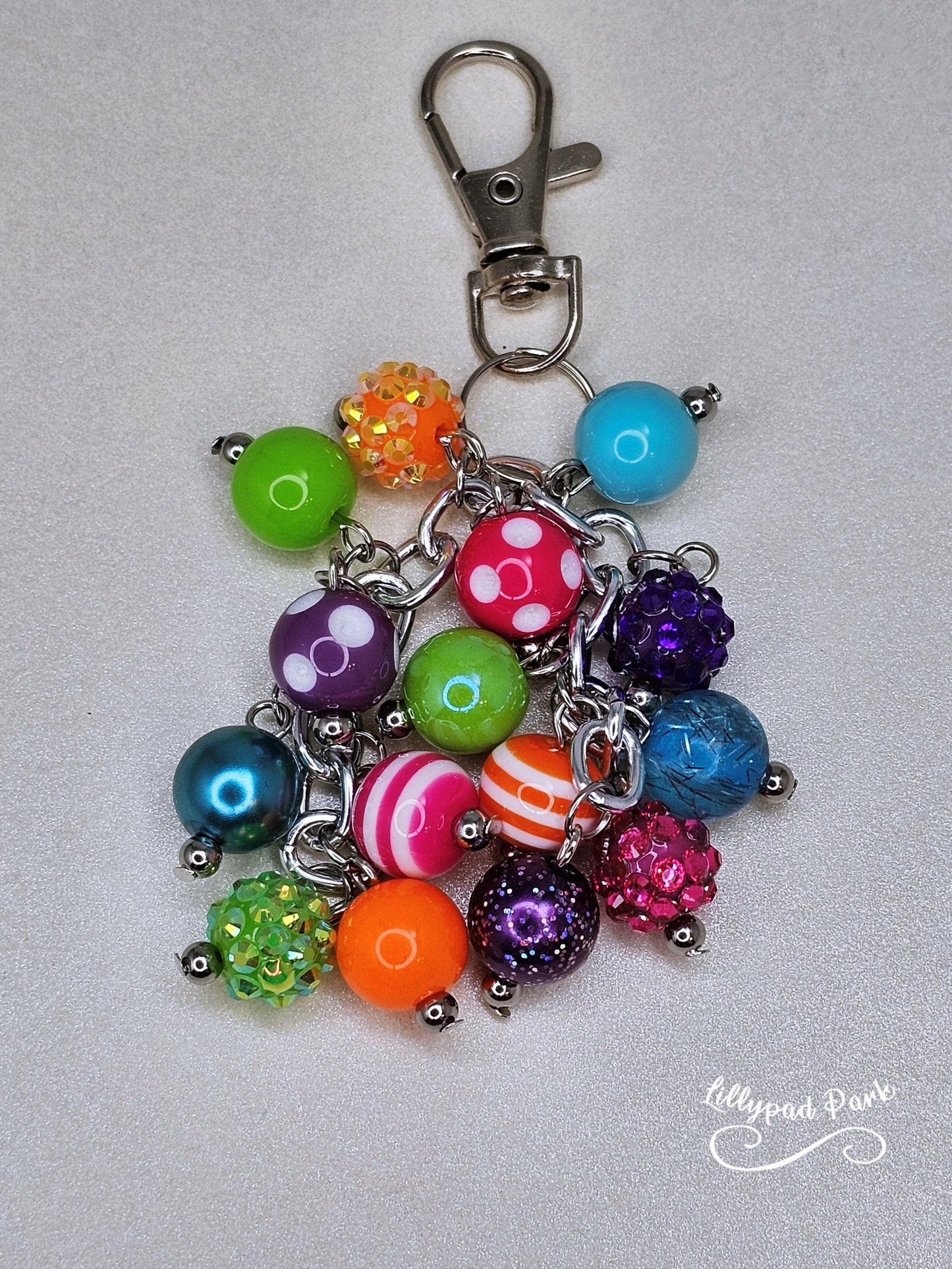 Purple Pink Green Orange Blue Keychain Purse Charm, Boho Hippy Rainbow Bling, Backpack Bag Accessory, Love Beaded Charm Gift Zipper Pull