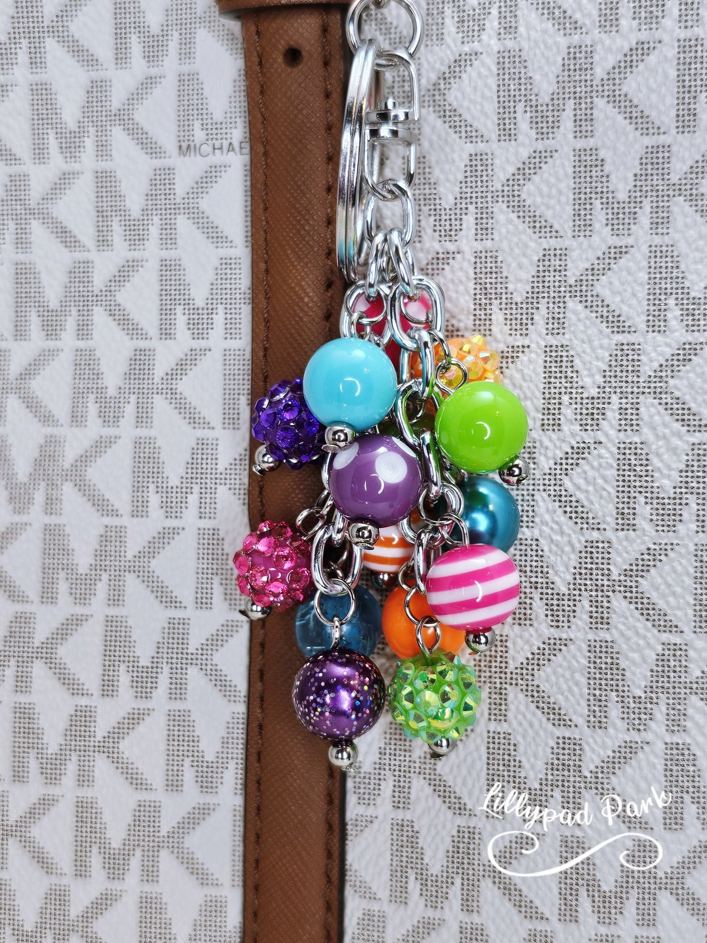 Purple Pink Green Orange Blue Keychain Purse Charm, Boho Hippy Rainbow Bling, Backpack Bag Accessory, Love Beaded Charm Gift Zipper Pull