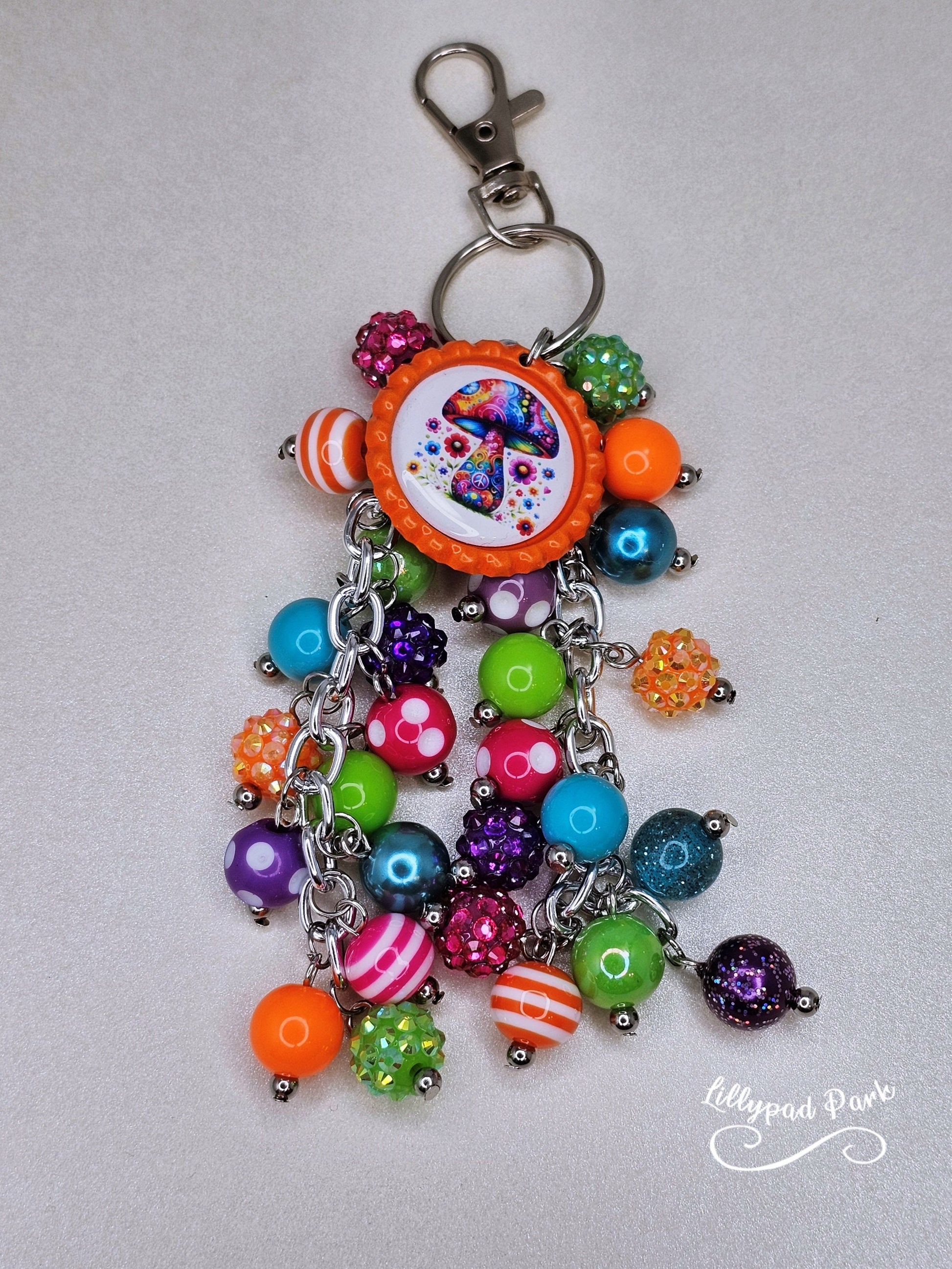 Mushroom Purse Charm, Boho Hippy Rainbow Bling, Backpack Bag Accessory, Peace Love Beaded Charm Gift Zipper Pull,