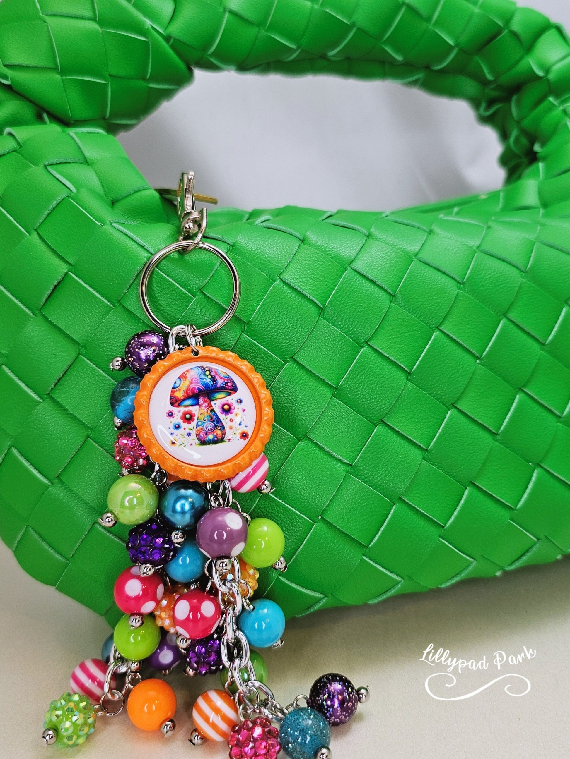 Mushroom Purse Charm, Boho Hippy Rainbow Bling, Backpack Bag Accessory, Peace Love Beaded Charm Gift Zipper Pull,