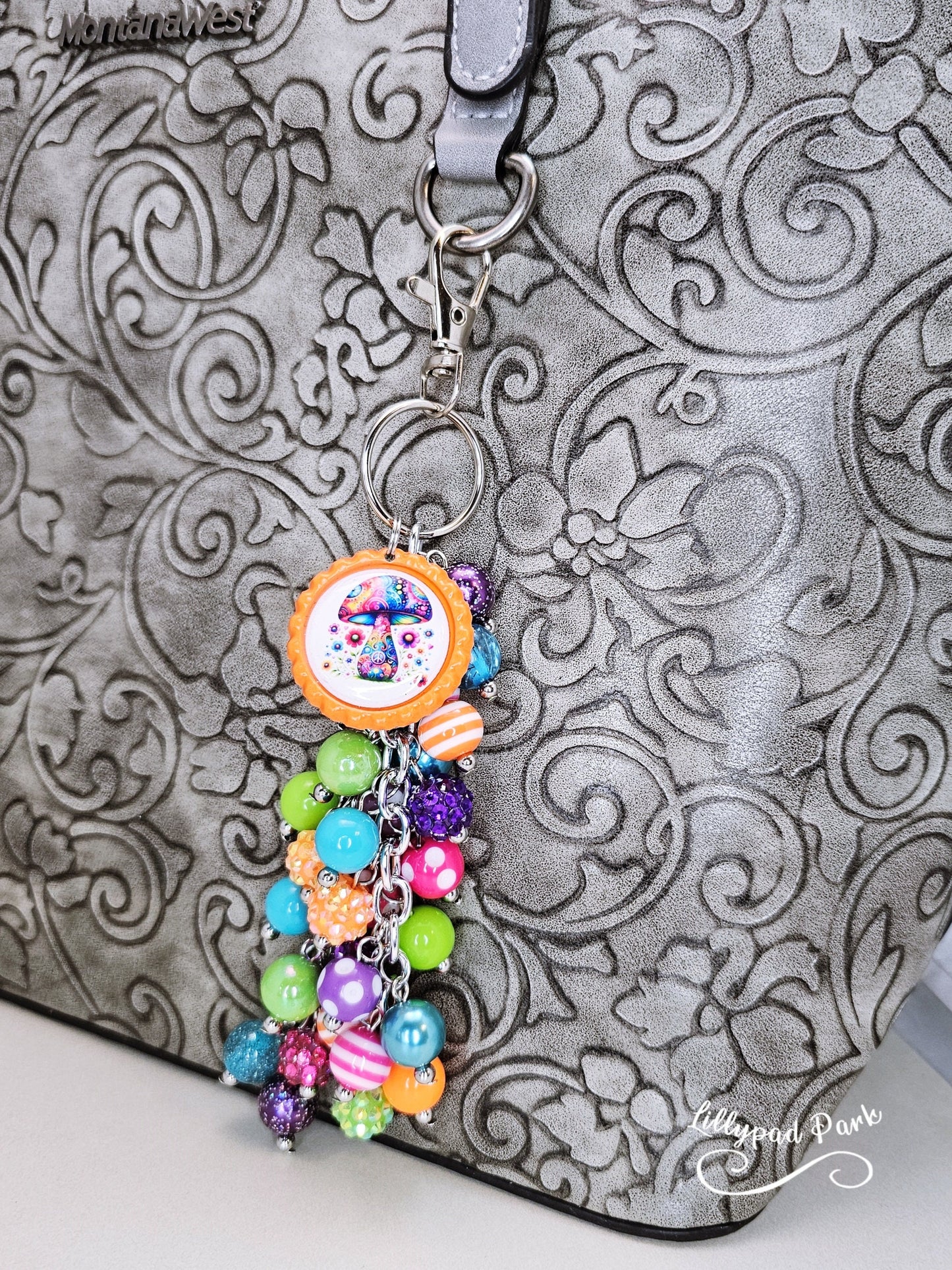 Mushroom Purse Charm, Boho Hippy Rainbow Bling, Backpack Bag Accessory, Peace Love Beaded Charm Gift Zipper Pull,