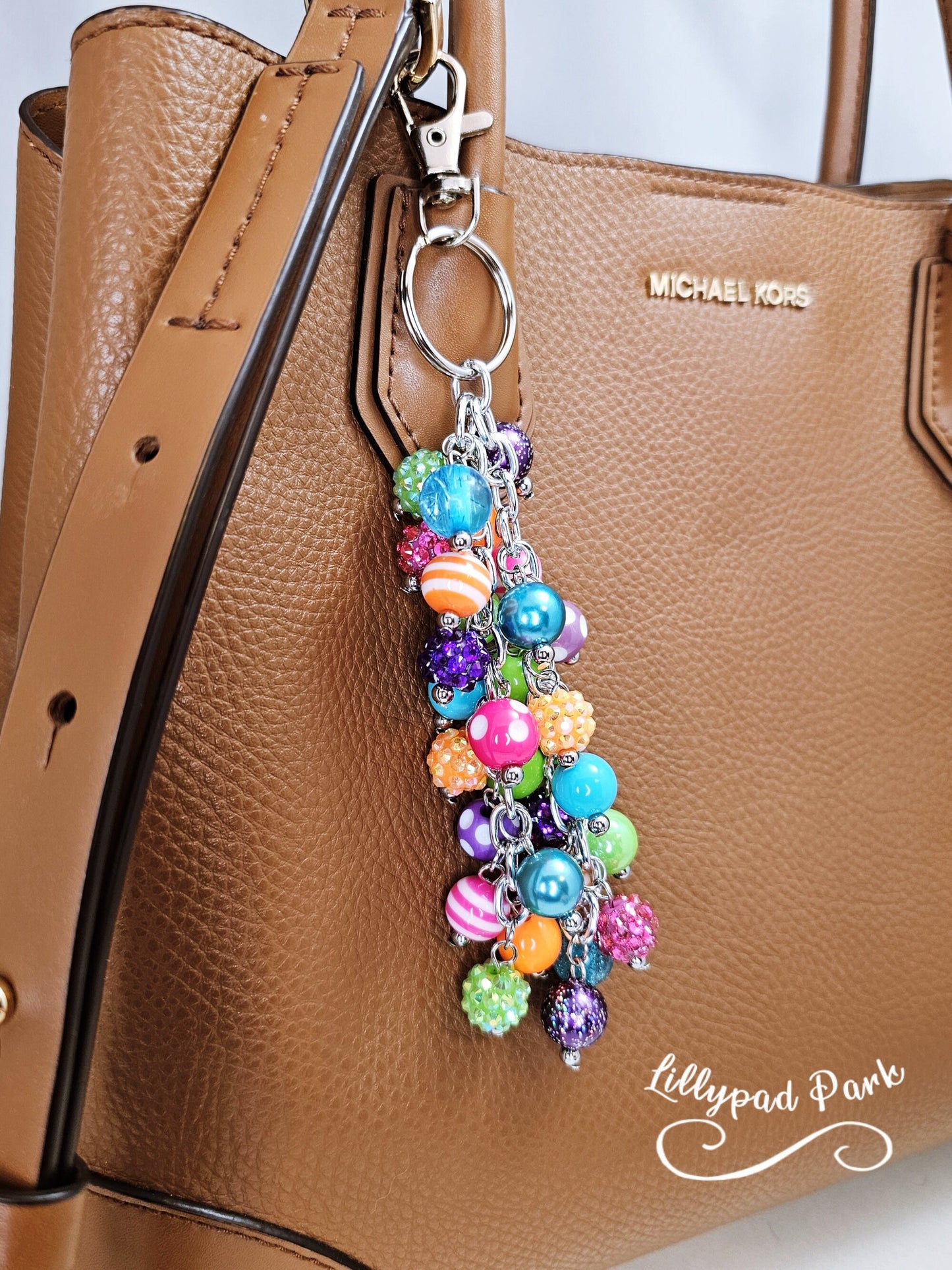 Purple Pink Green Blue Orange keychain Purse Charm, Boho Hippy Rainbow Bling, Backpack Accessory, Peace Love Beaded Charm Gift Zipper Pull,