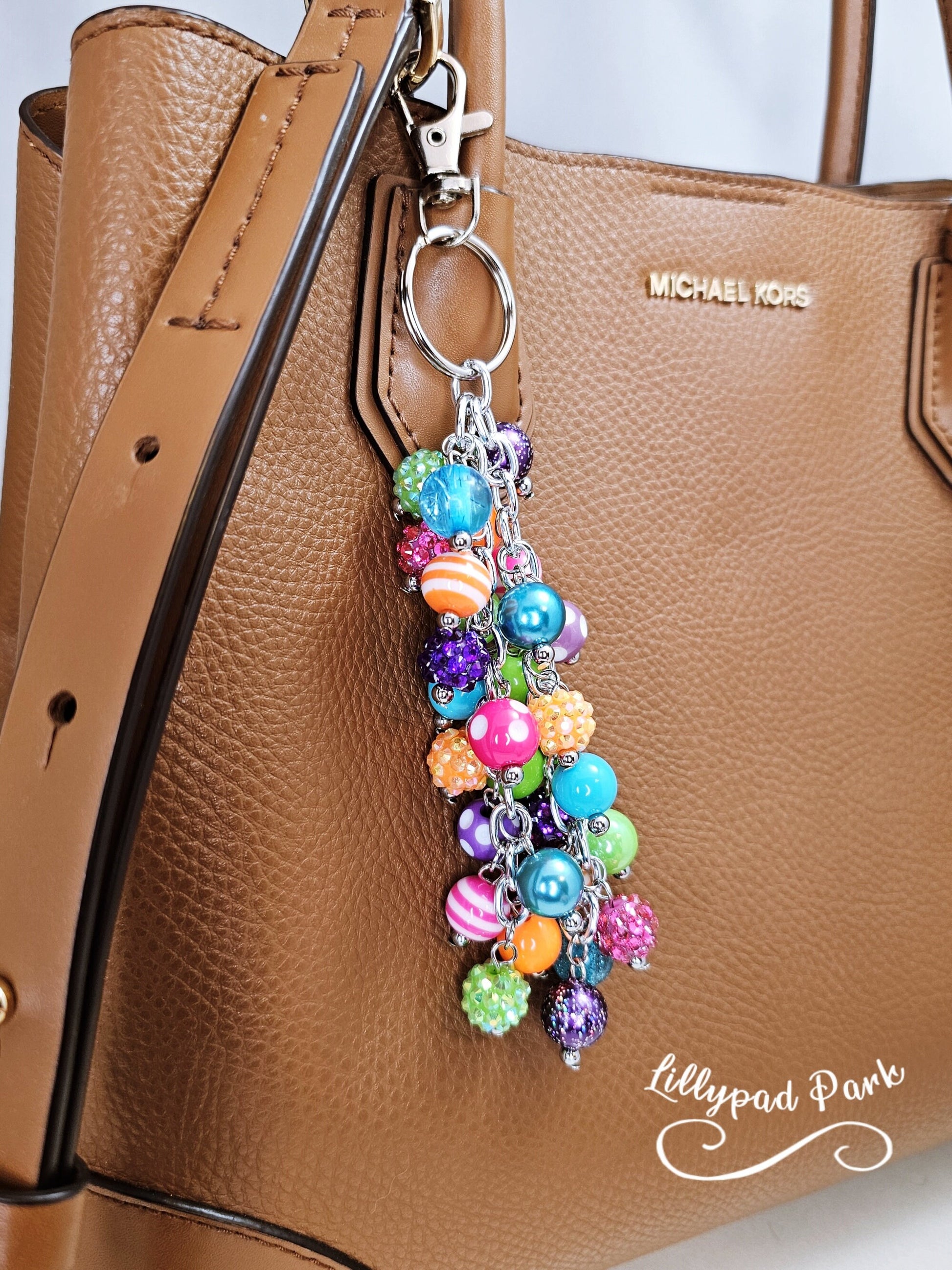 Purple Pink Green Blue Orange keychain Purse Charm, Boho Hippy Rainbow Bling, Backpack Accessory, Peace Love Beaded Charm Gift Zipper Pull,
