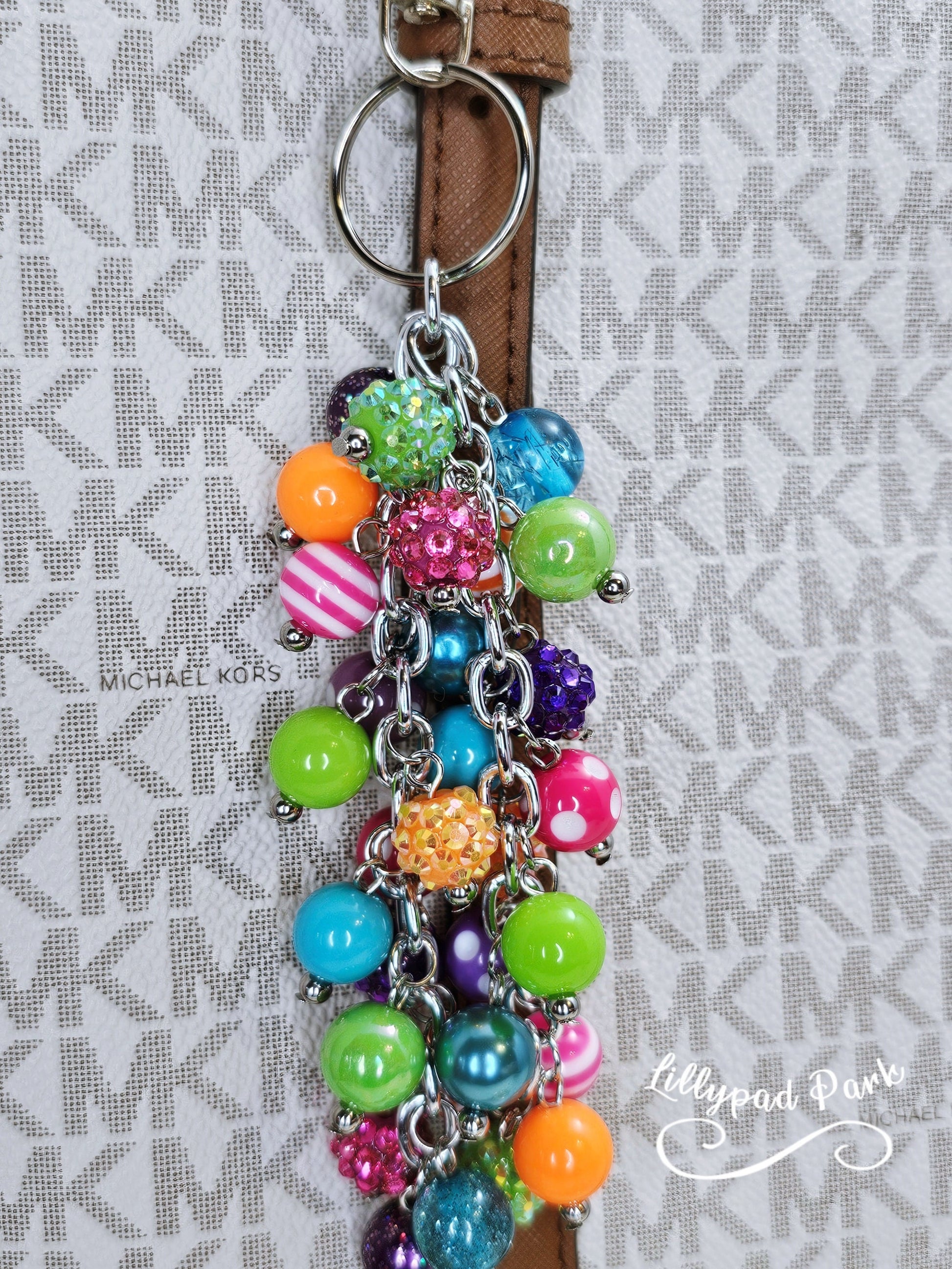 Purple Pink Green Blue Orange keychain Purse Charm, Boho Hippy Rainbow Bling, Backpack Accessory, Peace Love Beaded Charm Gift Zipper Pull,