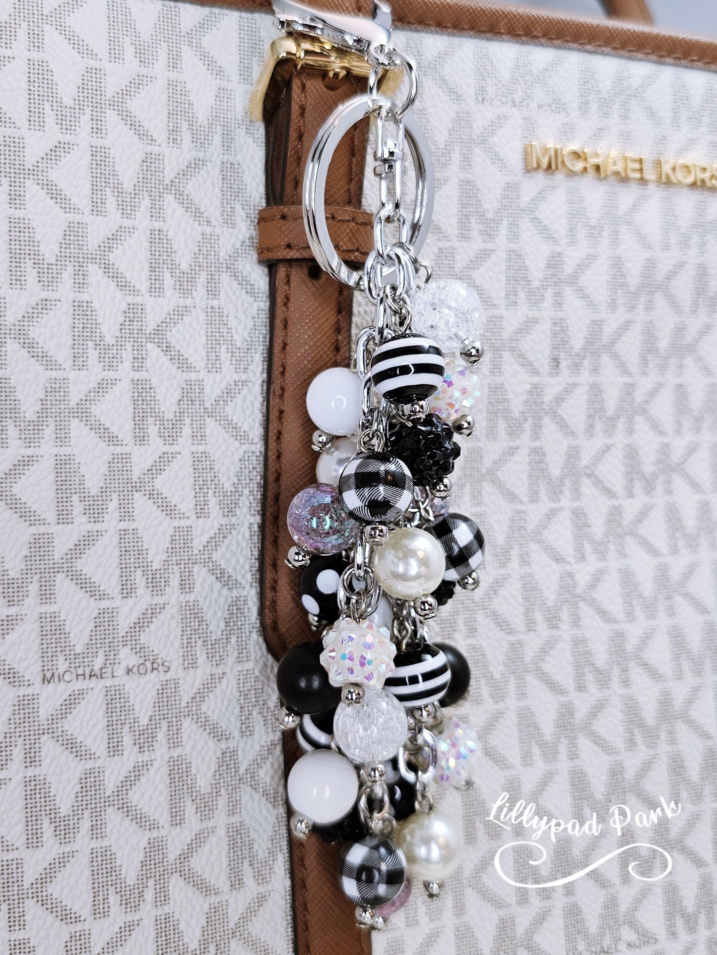 Buffalo Plaid Black and White Purse charm, Purse Charm Bag Charm, Purse accessory, Beaded accessory, Zipper Charm