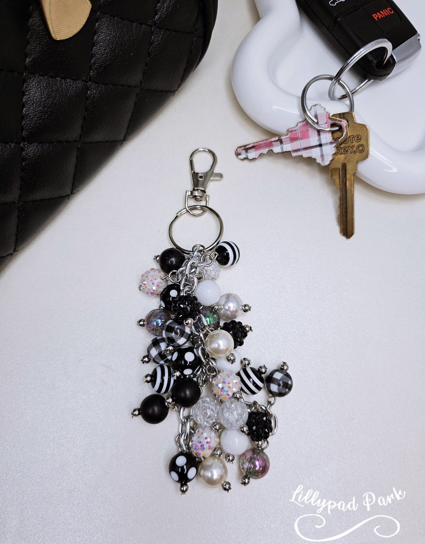 Buffalo Plaid Black and White Purse charm, Purse Charm Bag Charm, Purse accessory, Beaded accessory, Zipper Charm