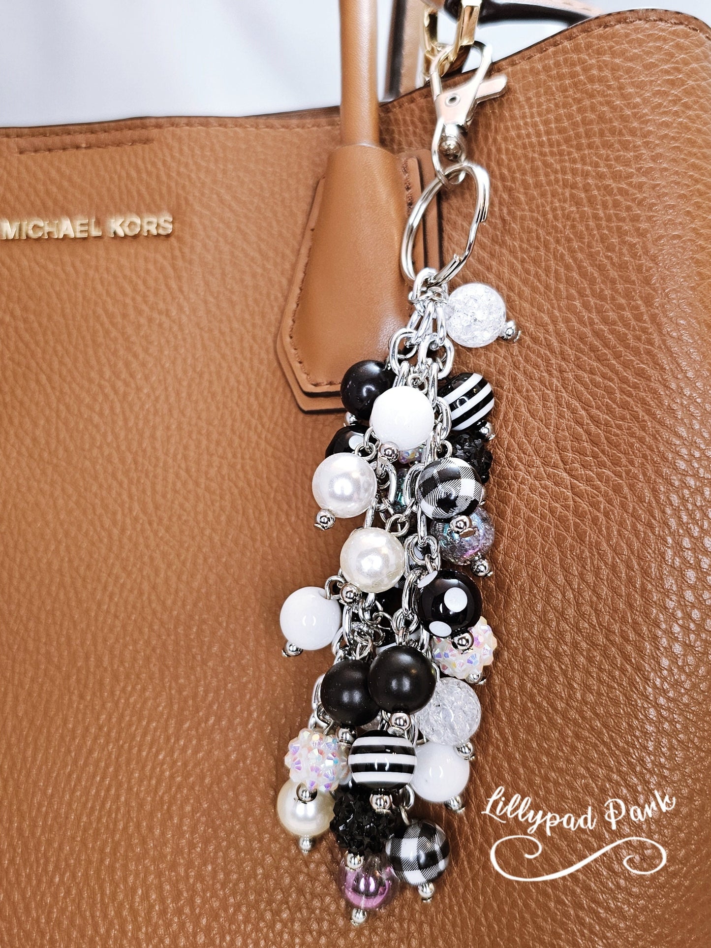 Buffalo Plaid Black and White Purse charm, Purse Charm Bag Charm, Purse accessory, Beaded accessory, Zipper Charm