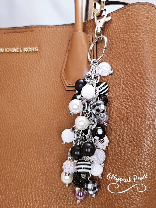 Buffalo Plaid Black and White Purse charm, Purse Charm Bag Charm, Purse accessory, Beaded accessory, Zipper Charm