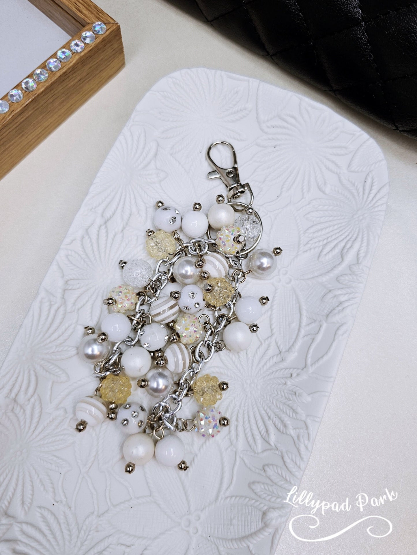 White and Pearls Purse charm, Purse Charm, Bag Charm, Purse accessory, Beaded accessory, Sparkly Keychain