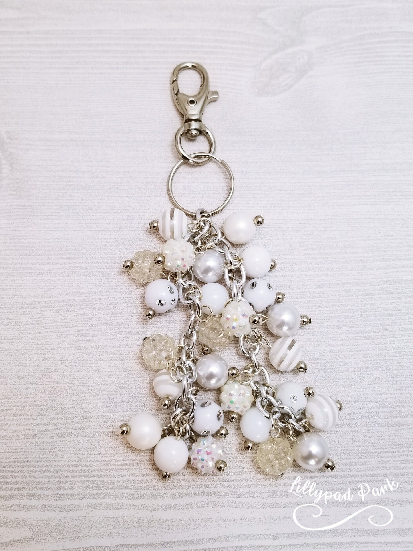 White and Pearls Purse charm, Purse Charm, Bag Charm, Purse accessory, Beaded accessory, Sparkly Keychain
