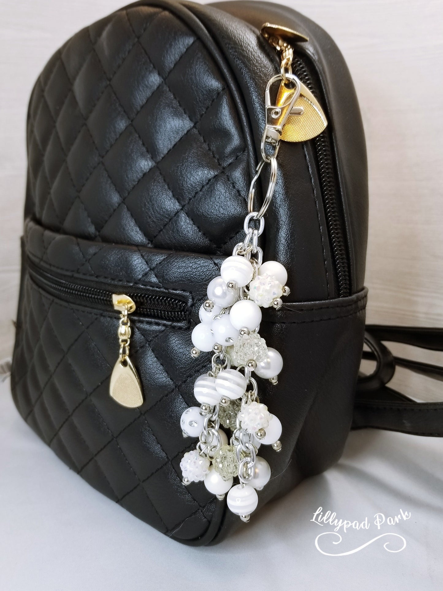 White and Pearls Purse charm, Purse Charm, Bag Charm, Purse accessory, Beaded accessory, Sparkly Keychain