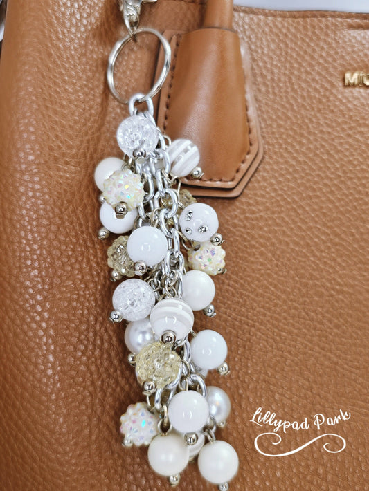 White and Pearls Purse charm, Purse Charm, Bag Charm, Purse accessory, Beaded accessory, Sparkly Keychain