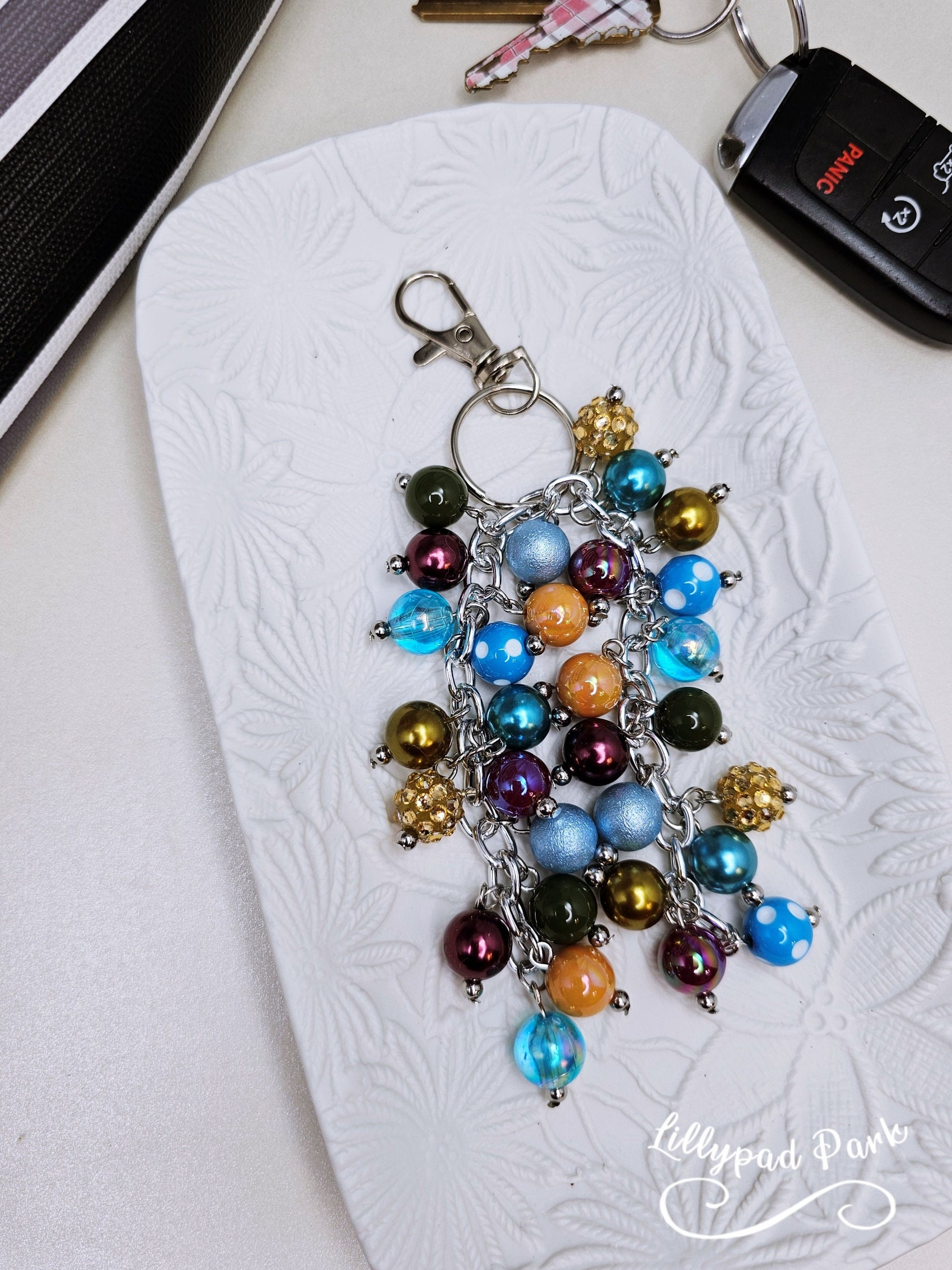 Maroon Blue Green Gold Purse charm, Bag Charm, Purse accessory, Beaded accessory, shiny keychain, Evermore, Autumn, Midnight