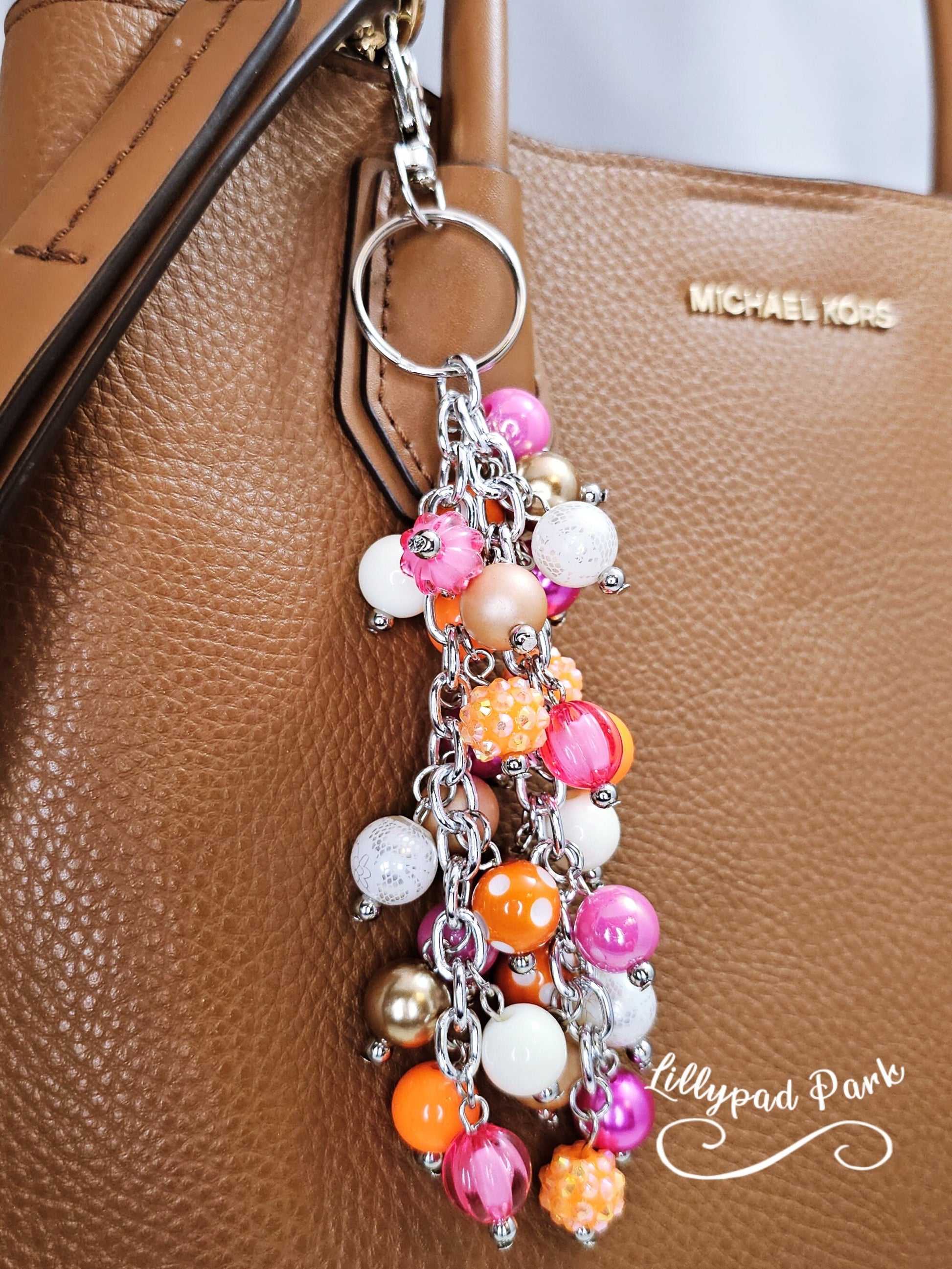 Orange Pink Tan White Purse charm, Bag Charm, Purse accessory, Beaded accessory, shiny keychain, Fun Halloween