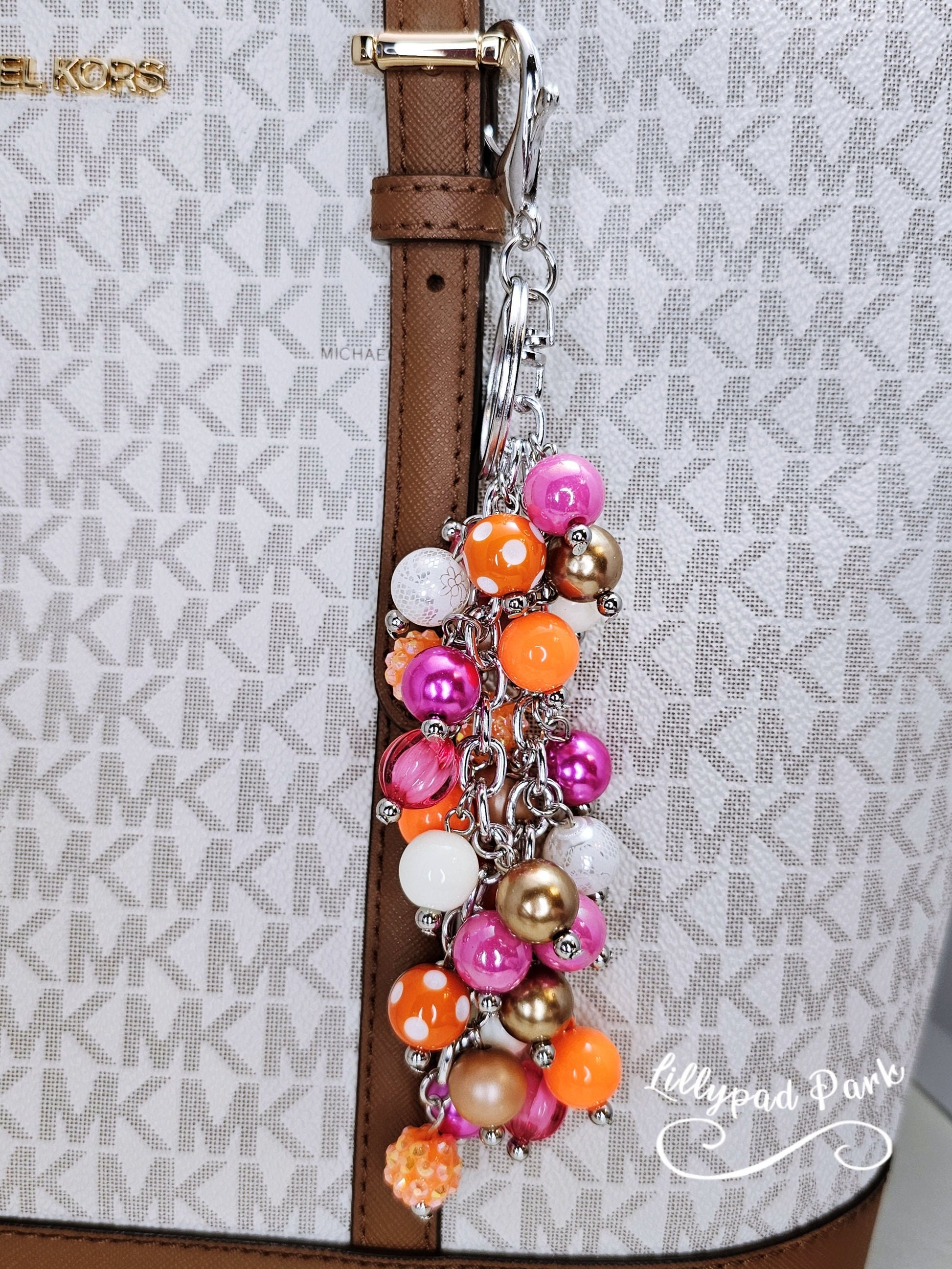 Orange Pink Tan White Purse charm, Bag Charm, Purse accessory, Beaded accessory, shiny keychain, Fun Halloween