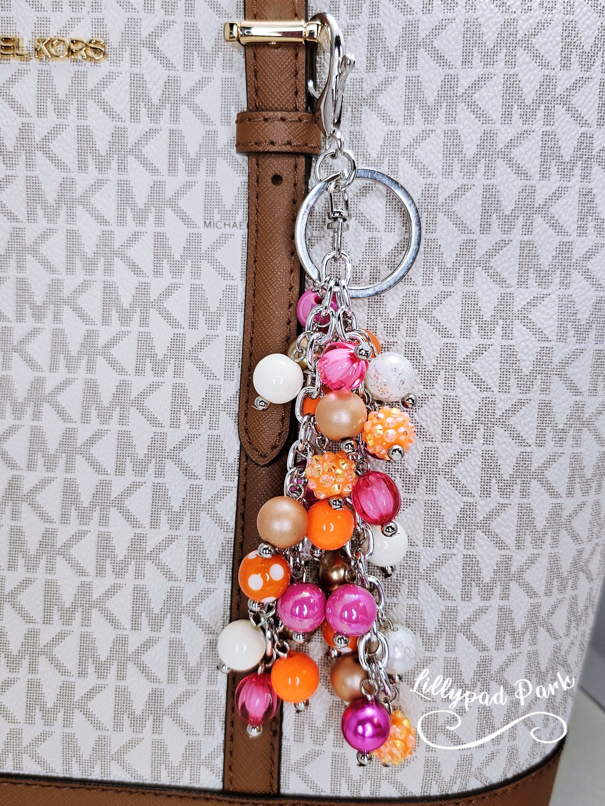 Orange Pink Tan White Purse charm, Bag Charm, Purse accessory, Beaded accessory, shiny keychain, Fun Halloween