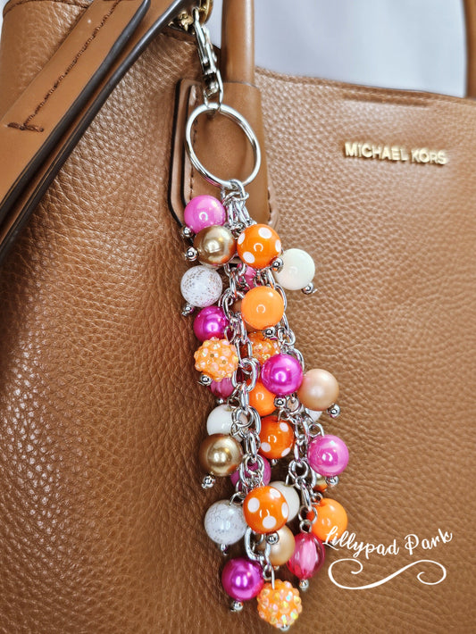 Orange Pink Tan White Purse charm, Bag Charm, Purse accessory, Beaded accessory, shiny keychain, Fun Halloween