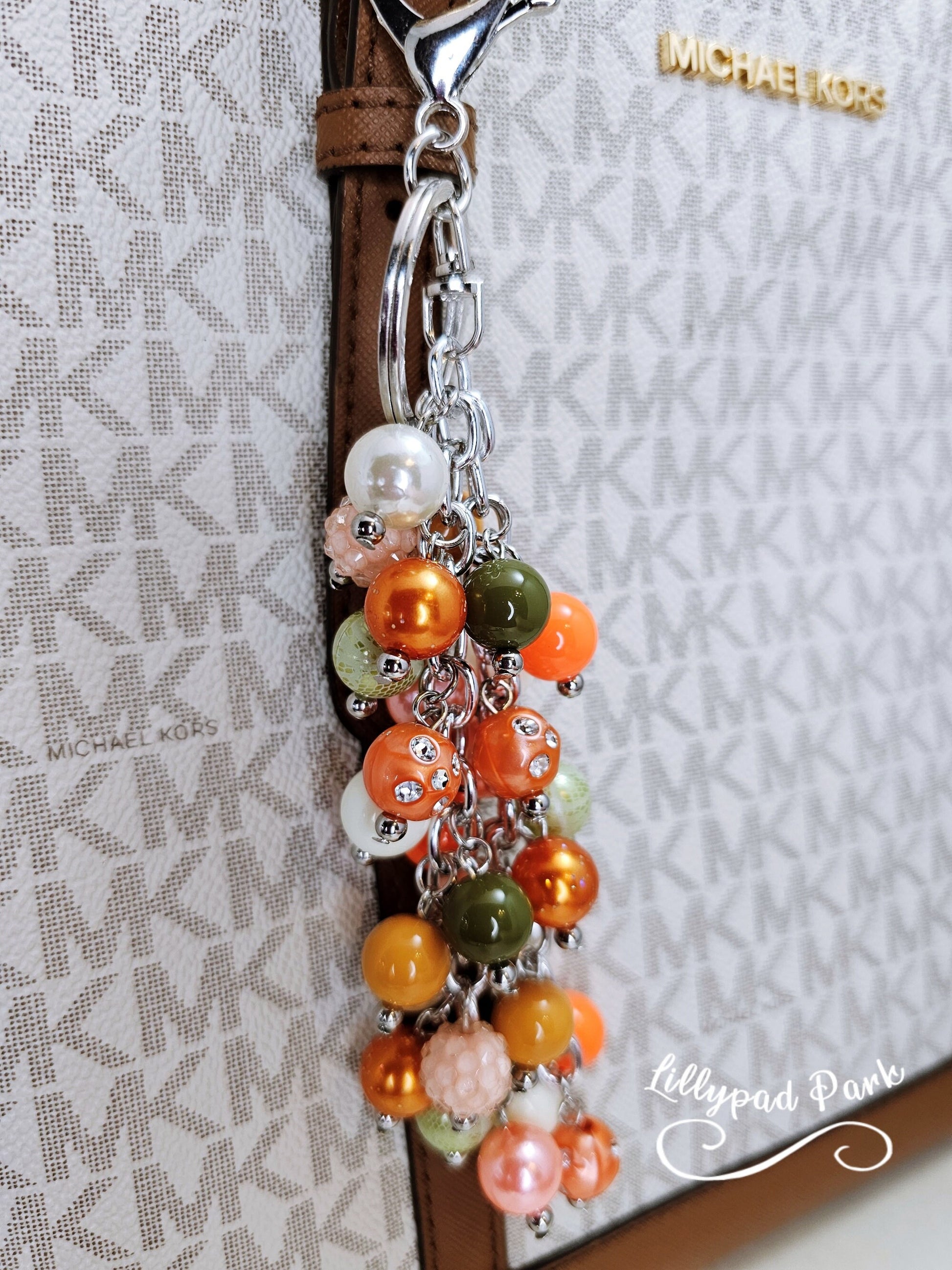 Orange Coral Green and Green Purse charm, Bag Charm, Purse accessory, Beaded accessory, shiny keychain, Evermore, Autumn, 70s Era