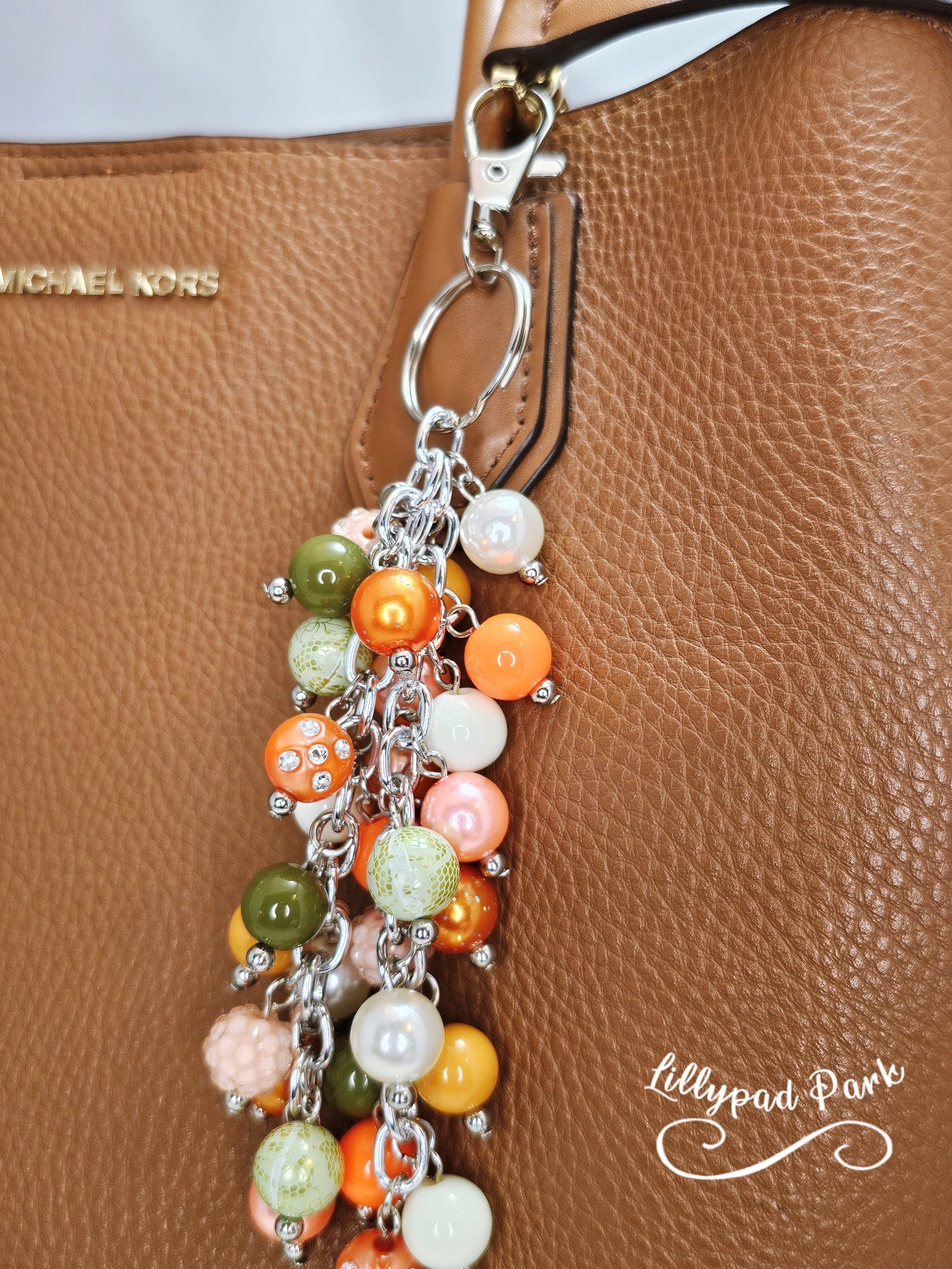 Orange Coral Green and Green Purse charm, Bag Charm, Purse accessory, Beaded accessory, shiny keychain, Evermore, Autumn, 70s Era