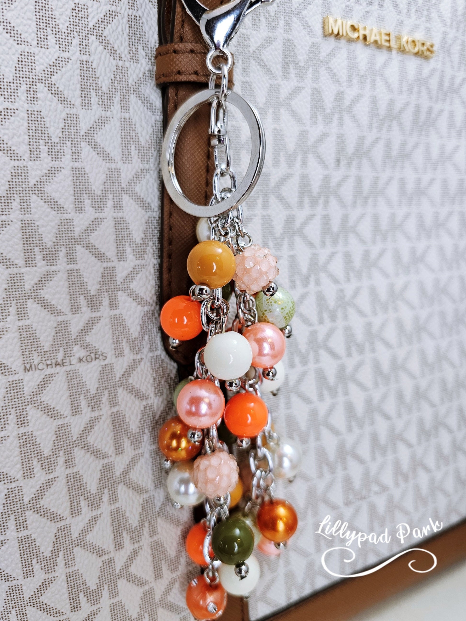 Orange Coral Green and Green Purse charm, Bag Charm, Purse accessory, Beaded accessory, shiny keychain, Evermore, Autumn, 70s Era