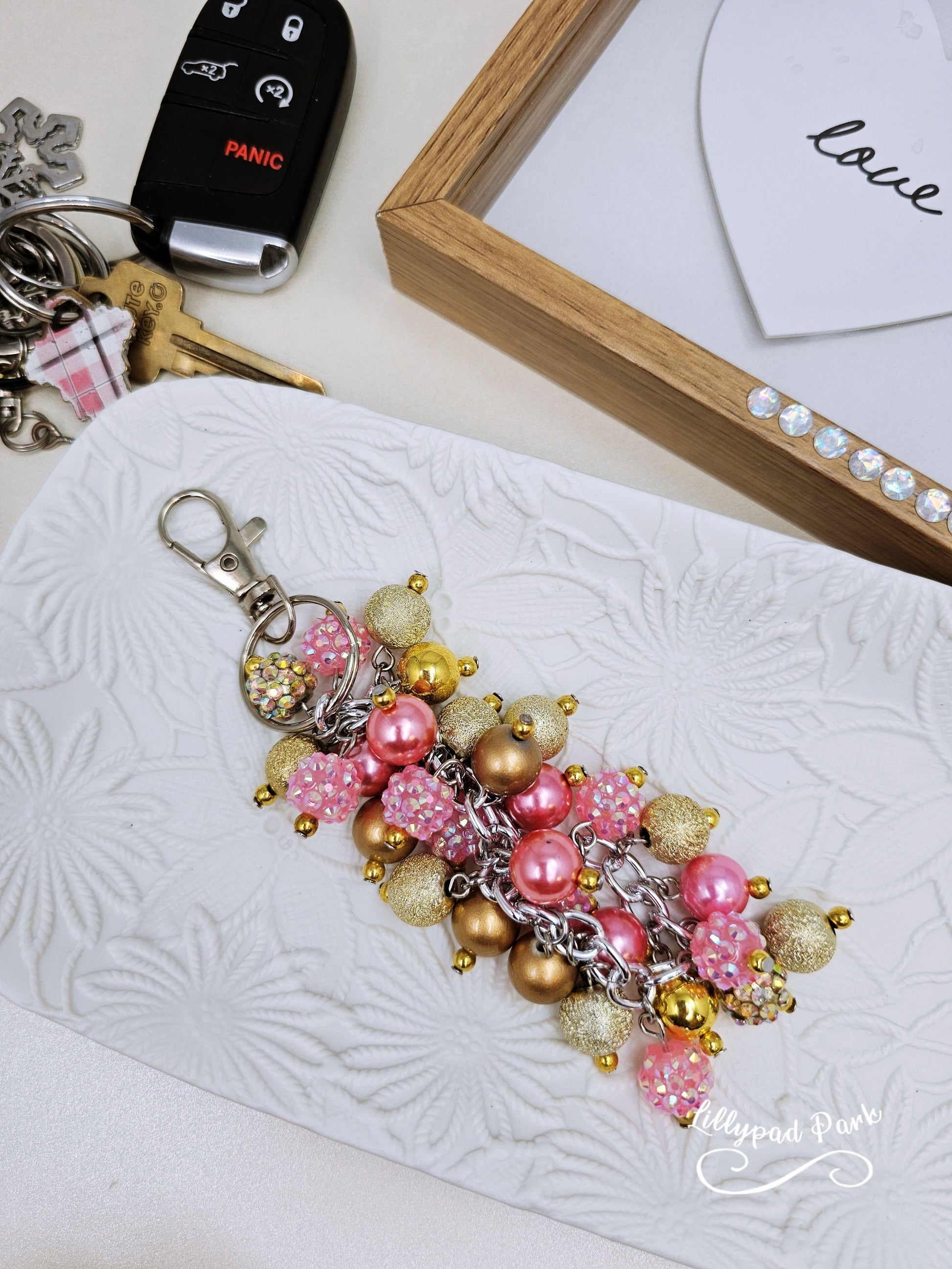 Pink and Gold Purse charm, Bag Charm, Purse accessory, Beaded accessory, beaded blush keychain, Valentines Day Gift for her