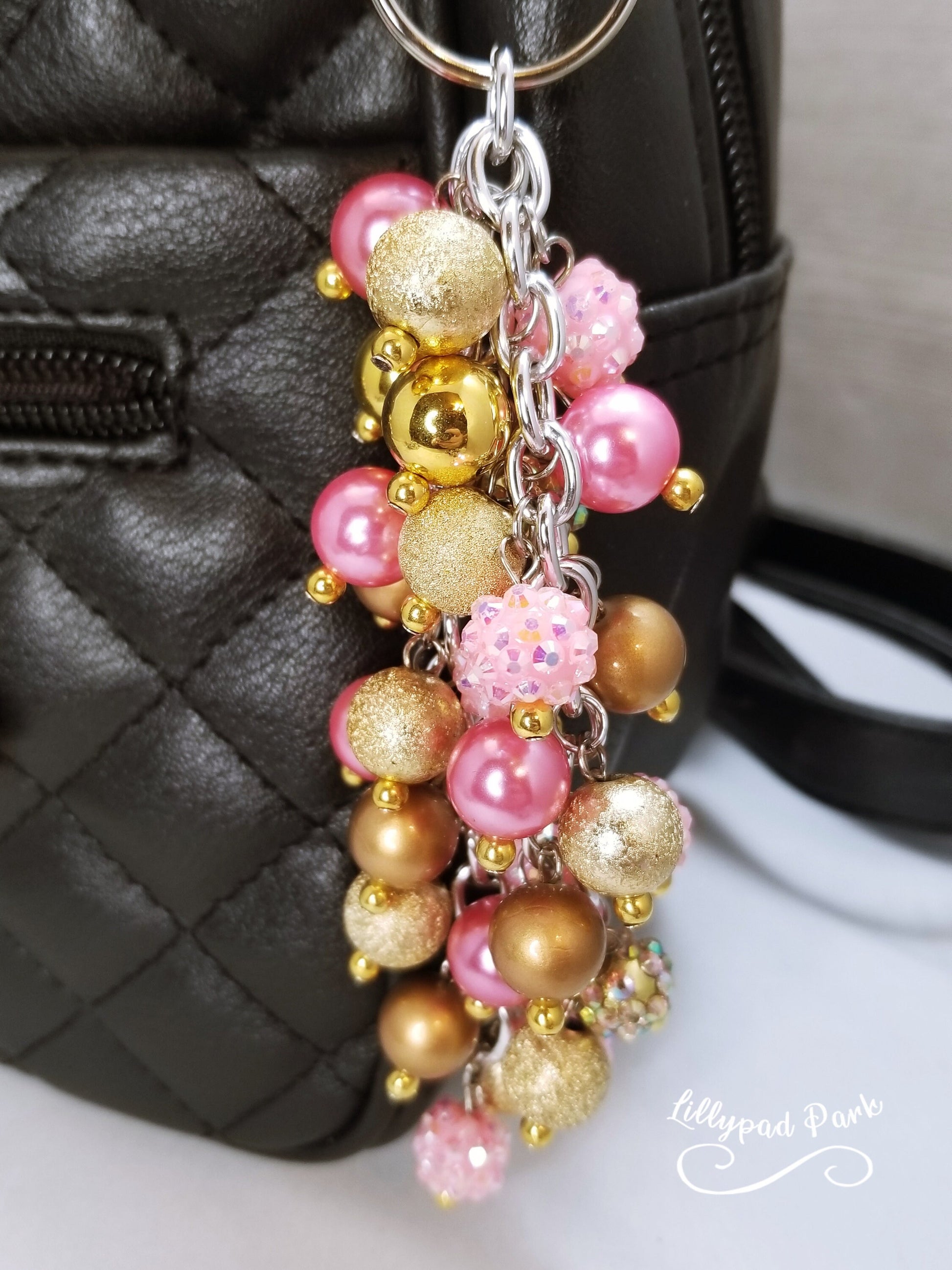 Pink and Gold Purse charm, Bag Charm, Purse accessory, Beaded accessory, beaded blush keychain, Valentines Day Gift for her
