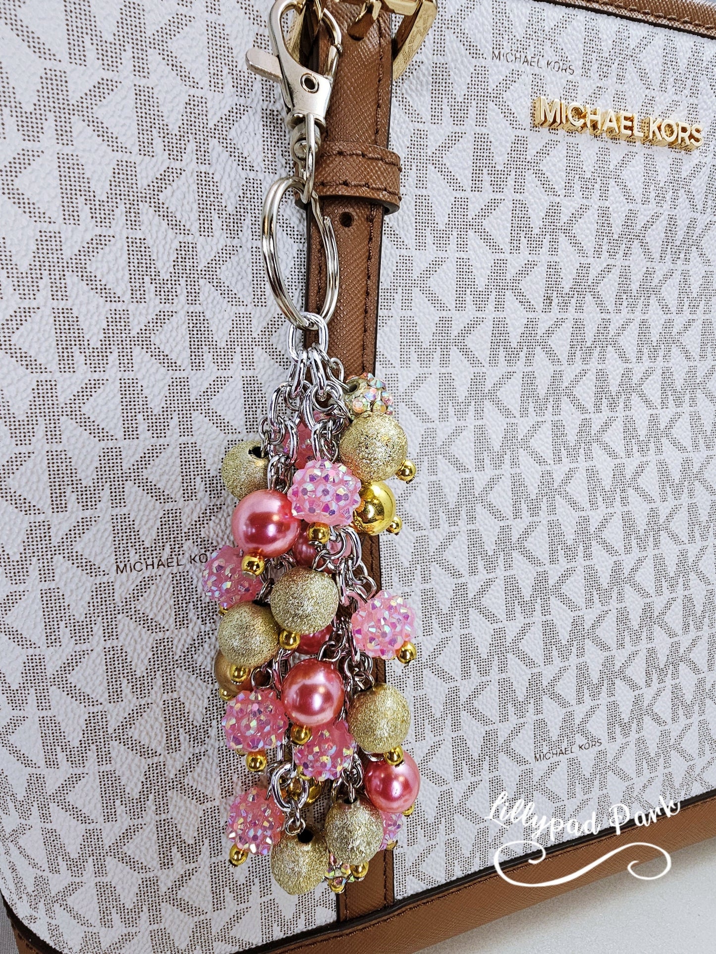 Pink and Gold Purse charm, Bag Charm, Purse accessory, Beaded accessory, beaded blush keychain, Valentines Day Gift for her