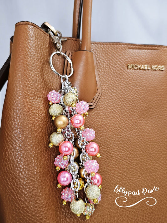 Pink and Gold Purse charm, Bag Charm, Purse accessory, Beaded accessory, beaded blush keychain, Valentines Day Gift for her
