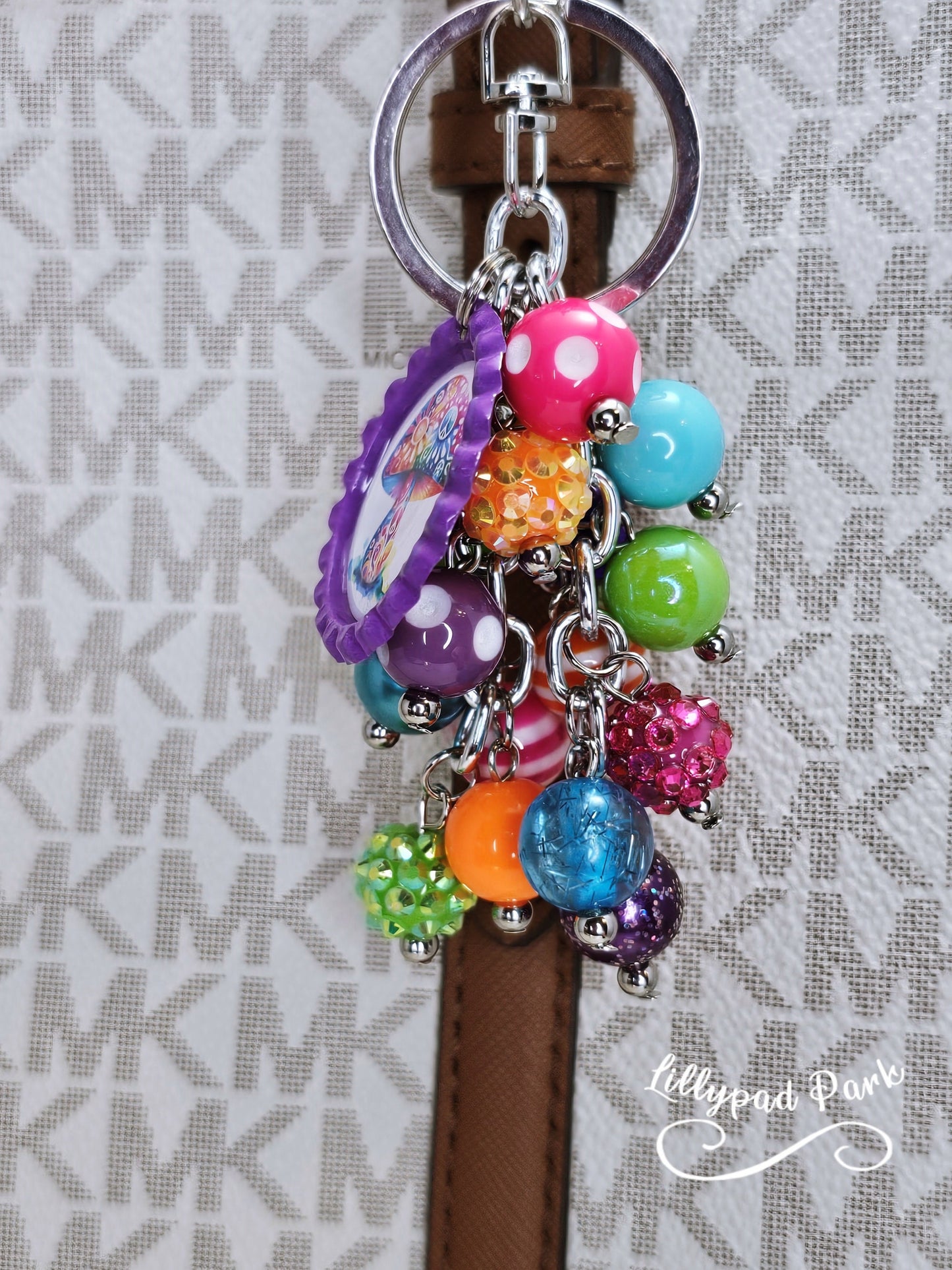 Mushroom Purse Charm, Boho Hippy Rainbow Bling, Backpack Bag Accessory, Peace Love Beaded Charm Gift Zipper Pull