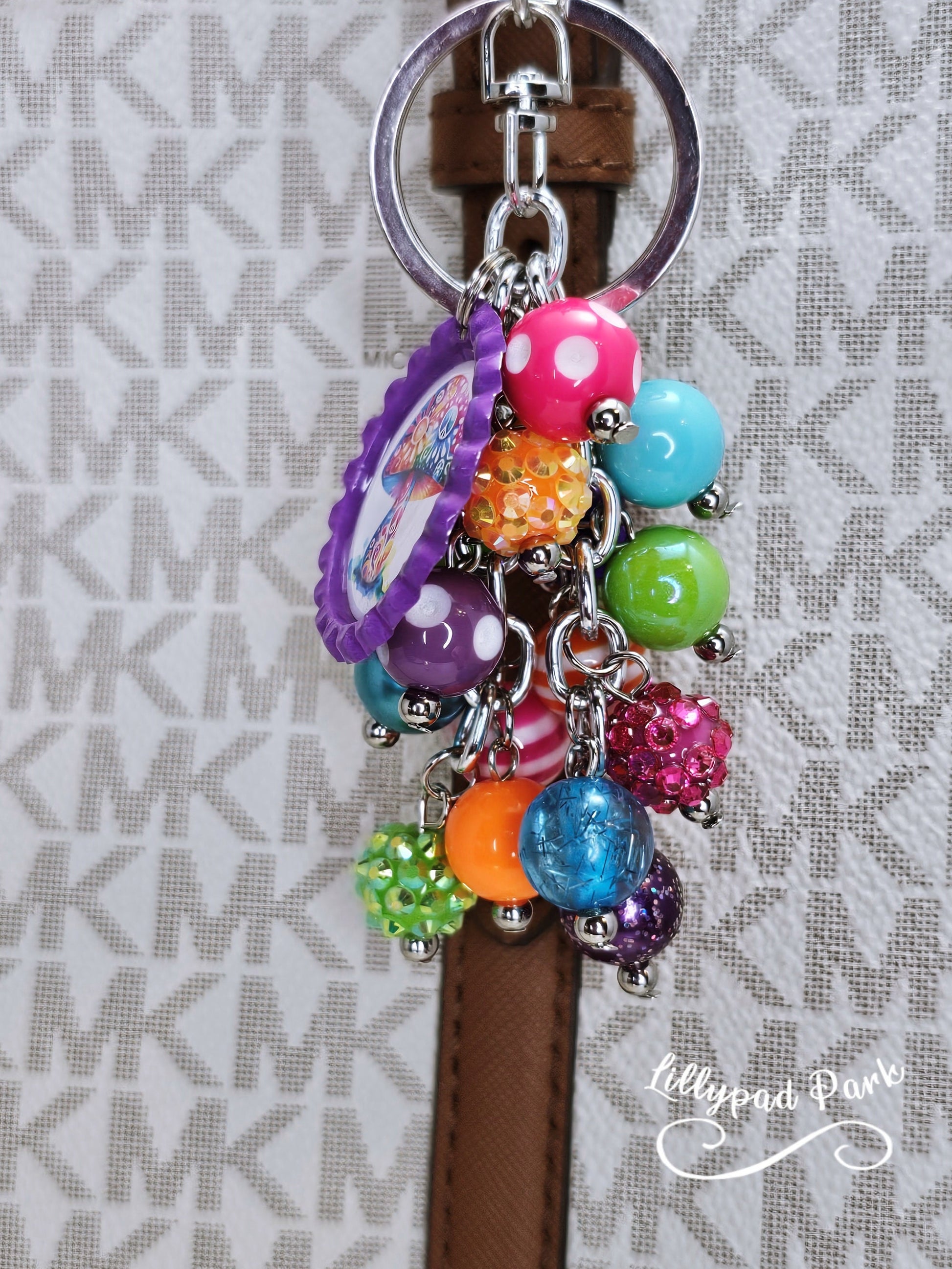 Mushroom Purse Charm, Boho Hippy Rainbow Bling, Backpack Bag Accessory, Peace Love Beaded Charm Gift Zipper Pull