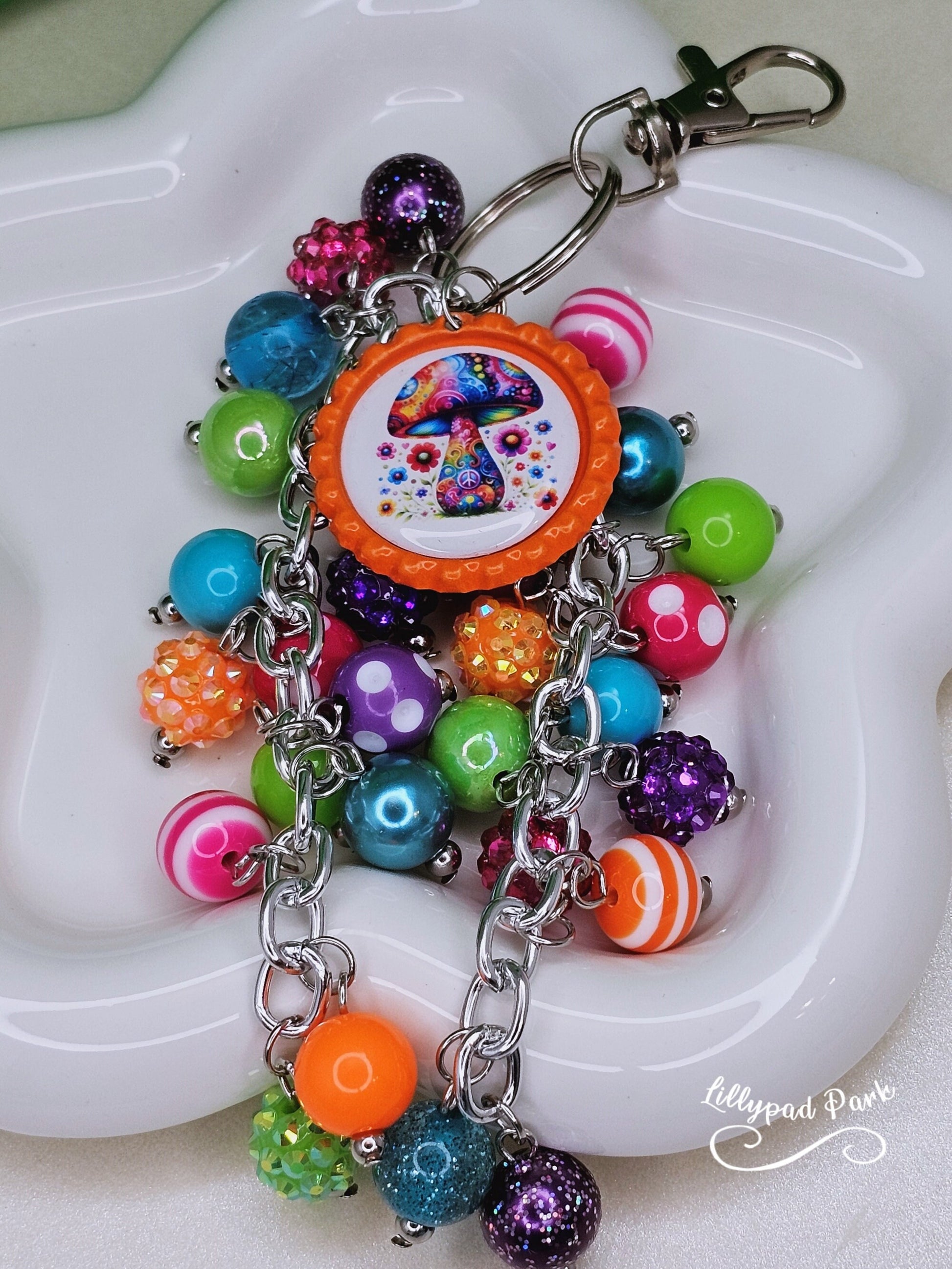 Mushroom Purse Charm, Boho Hippy Rainbow Bling, Backpack Bag Accessory, Peace Love Beaded Charm Gift Zipper Pull,